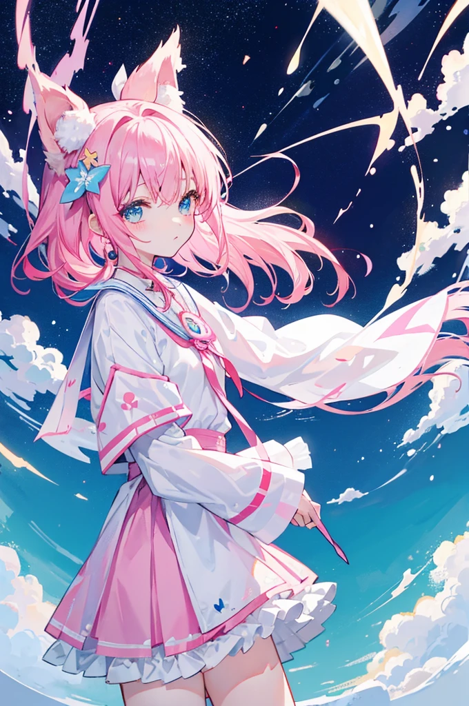 twin、pink hair、Light blue eyes、There only one double tail、idol clotheasterpiece、quality、Image quality,A cute anime gaidfuku in a beautiful dress,splash art anime loli,portrait of the magical girl,Popular on the ArtStation Pixiv,Best Rated on pixiv,动漫wind格4 K,动漫萌艺术wind格,Humanoid pink female squid girl,White even,shoe, (watercolor\(middle\):1.25),splash of color,Fluid Abstract Art Hustle,colorful, // Flat color,by WLOP,(Double exposure of girl and universe:1.35), // (From the side:0.85), cowboy shooting,(1 girl:1.25), (+_+) ,solo, liquid star hair, Purple star short hair,Star-shaped hair accessories, Liquid Star Lace Dress Tulle Skirt,jewelry necklace, // Extremely detailed starry sky background,wind,nebula background,梦幻wind星云,(branch:1.15),在花开middle,((sticker:1.5)))、(((chibi character)))、(White background)、fluffy、girl with、Wizard costume、full body espian、pink hair、Pastel color sea story、T-shirt design、masterpiece、最佳quality、Milky white long hair milk,White clothes,Huhu has a very cute face,this cute sweet kid,cyan eyes,white hair,little girl,Poor milk,