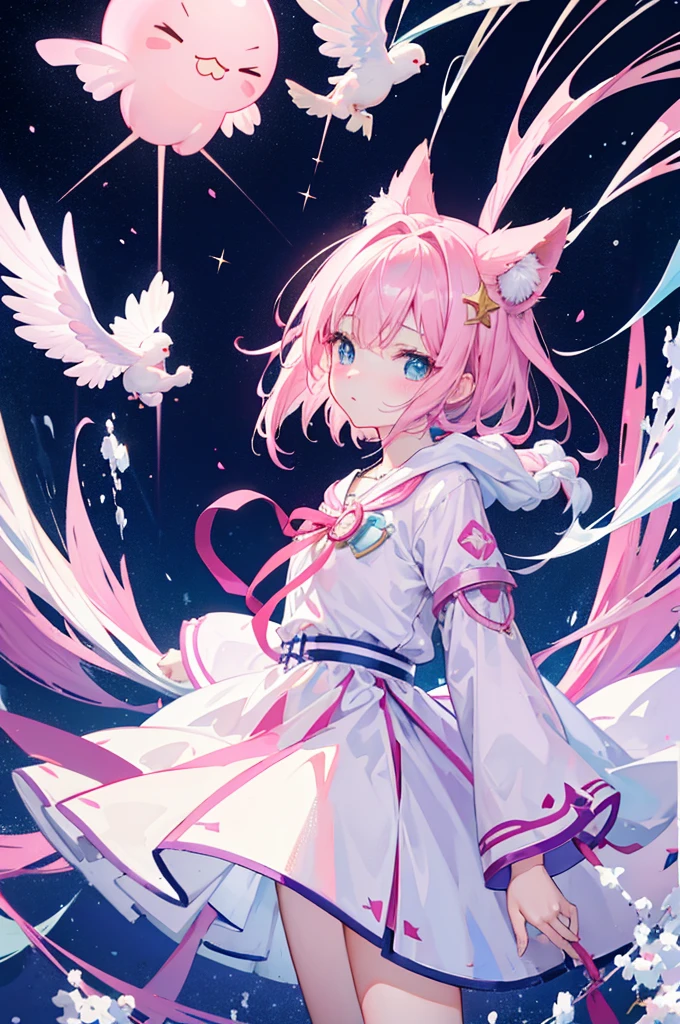 twin、pink hair、Light blue eyes、There  only one double tail、idol clotheasterpiece、quality、Image quality,A cute anime gaidfuku in a beautiful dress，splash art anime loli，portrait of the magical girl，Popular on the ArtStation Pixiv，Best Rated on pixiv，动漫wind格4 K，动漫萌艺术wind格，Humanoid pink female squid girl,White even，shoe， （watercolor\（middle\）：1.25），splash of color，Fluid Abstract Art Hustle，colorful， // Flat color，by WLOP，（Double exposure of girl and universe：1.35）， // （From the side：0.85）， cowboy shooting，（1 girl：1.25）， (+_+) ，solo， liquid star hair， Purple star short hair，Star-shaped hair accessories， Liquid Star Lace Dress Tulle Skirt，jewelry necklace， // Extremely detailed starry sky background，wind，nebula background，梦幻wind星云，（branch：1.15），在花开middle，（（sticker：1.5）））、（（（chibi character）））、（White background）、fluffy、girl with、Wizard costume、full body espian、pink hair、Pastel color sea story、T-shirt design、masterpiece、最佳quality、Milky white long hair milk，White clothes，Huhu has a very cute face，this cute sweet ???，cyan eyes，white hair，little girl，Poor milk,