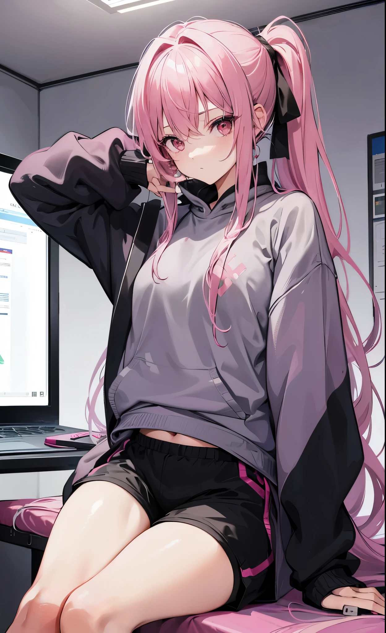 1girl, sitting, bangs, pink ponytail, ((gray sweatshirt)), black eyes, hair on the back of the head, long hair, sitting in front of the computer screen, black shorts, big thighs, legs, pink hair, red eye shadow, tight to skin, solo, at home, detailed, bedroom, chaos,