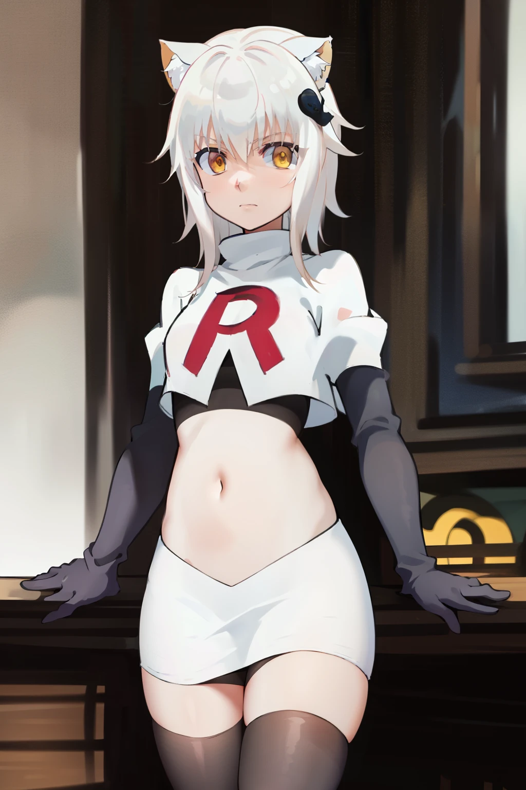 best quality, (masterpiece:1.2), highly detailed, cat ears, 1girl, solo, tojou koneko, looking at the viewer, yellow eyes, white hair, short hair, hair ornament, team rocket,team rocket uniform,white skirt,red letter R,crop top,black thigh-highs,black elbow gloves,
