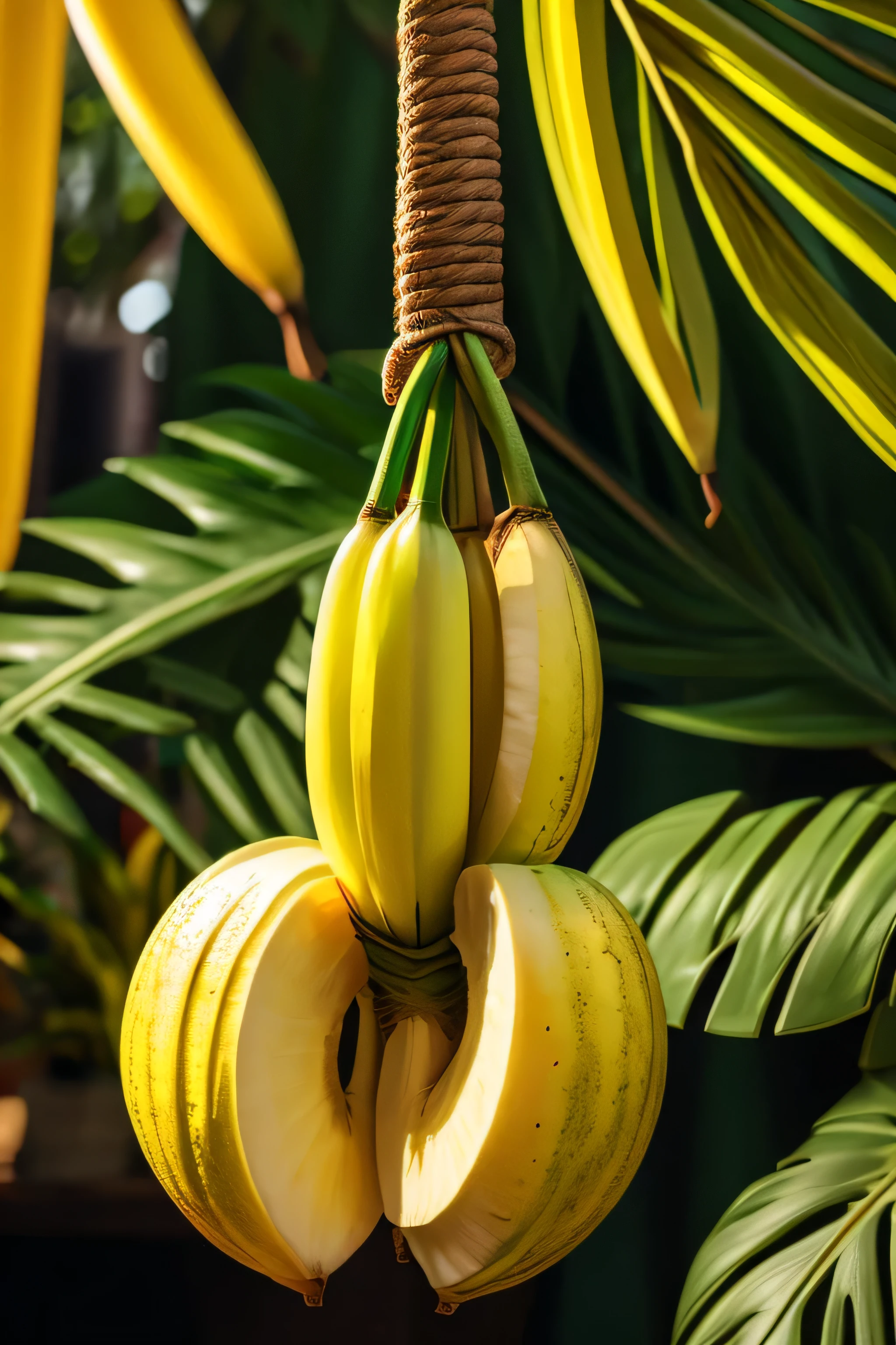 banana,banana descascada pendurada em um cabide,plantas suspensas,plantas verdes no fundo,cores brilhantes e vibrantes,melhor qualidade,ultra-detalhado,Realistic lighting,estilo de fotografia,atmosfera tropical exuberante,fresco,suculento,exotic fruits,estilo de corte de papel,Bokeh,studio lighting,sharp focus,Texturas detalhadas,Close view,high resolution