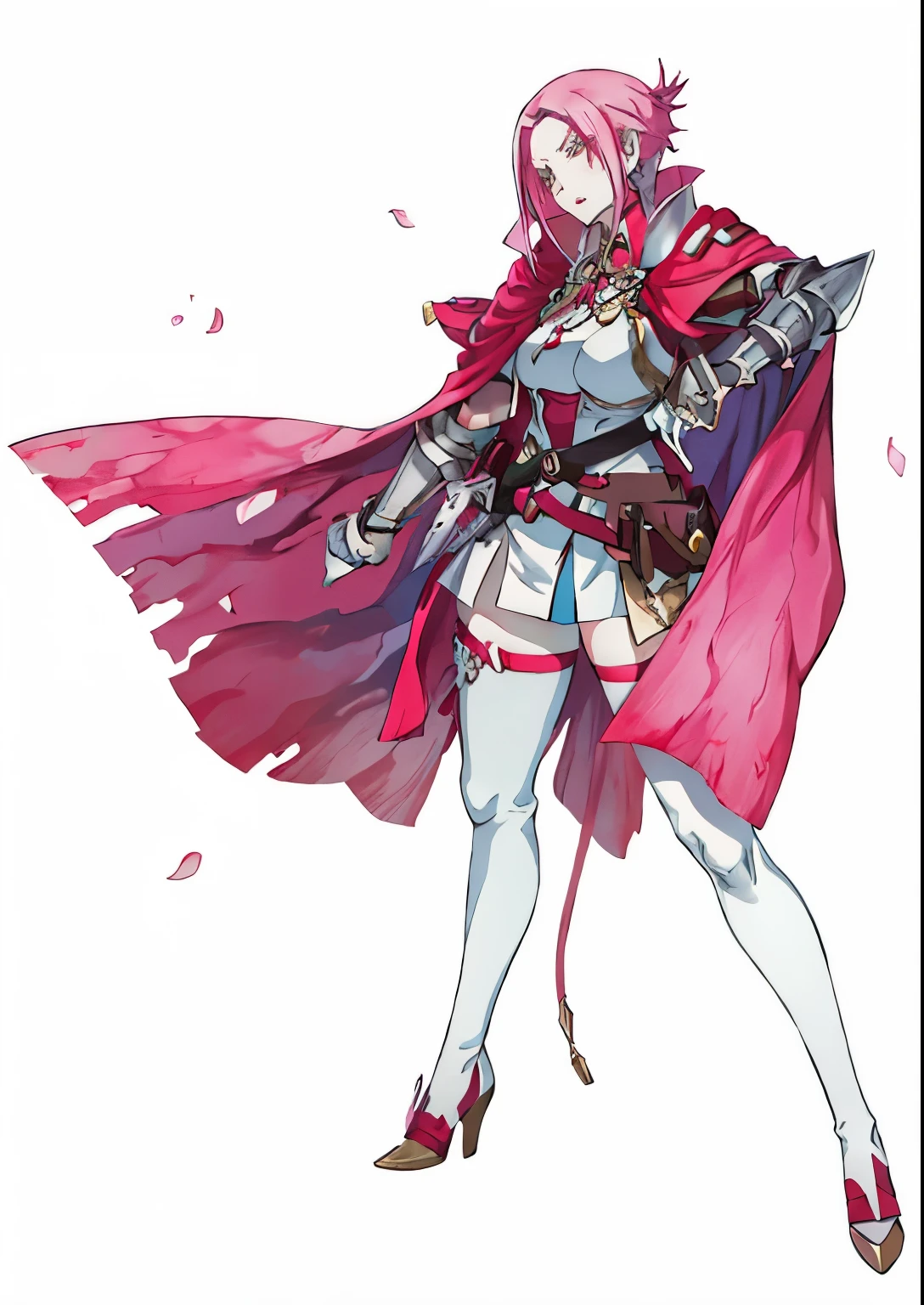 uma mulher com uma capa rosa e meias brancas segurando uma espada, emblema de fogo edelgard, Edelgard do Emblema de Fogo, final fantasy tactics character, cushart krenz arte chave feminino, Estilo de arte de Guilty Gear, fuchsia skin beneath the armor, fuchsia skin below the armor, personagem jrpg art, De Xenoblade Chronicles, personagem jrpg