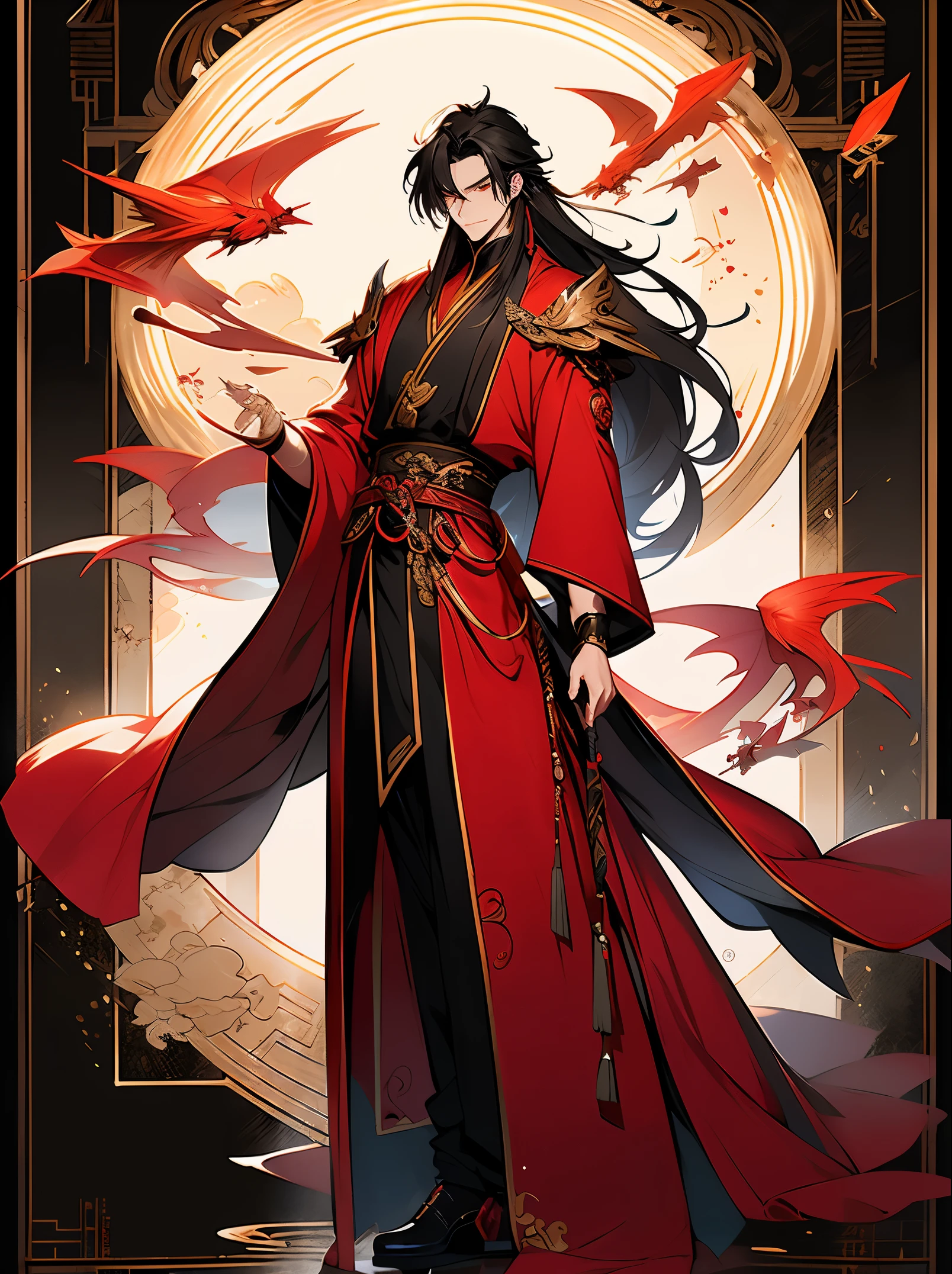 a handsome chinese guy in a red robe, leather boot, miao silver necklace and accessories.He is rolling the dice.He has long black careless hair and phonix eyes.One eye is blind. He close his eye.hua cheng, full body xianxia, like male vampire. beautiful male god of death, flying transparent butterflies. Full body. xianxia fantasy style, very detailed and rich clothing, lovely mode.high details.4k high quality, 2:3.make 4 pictures.manhua style