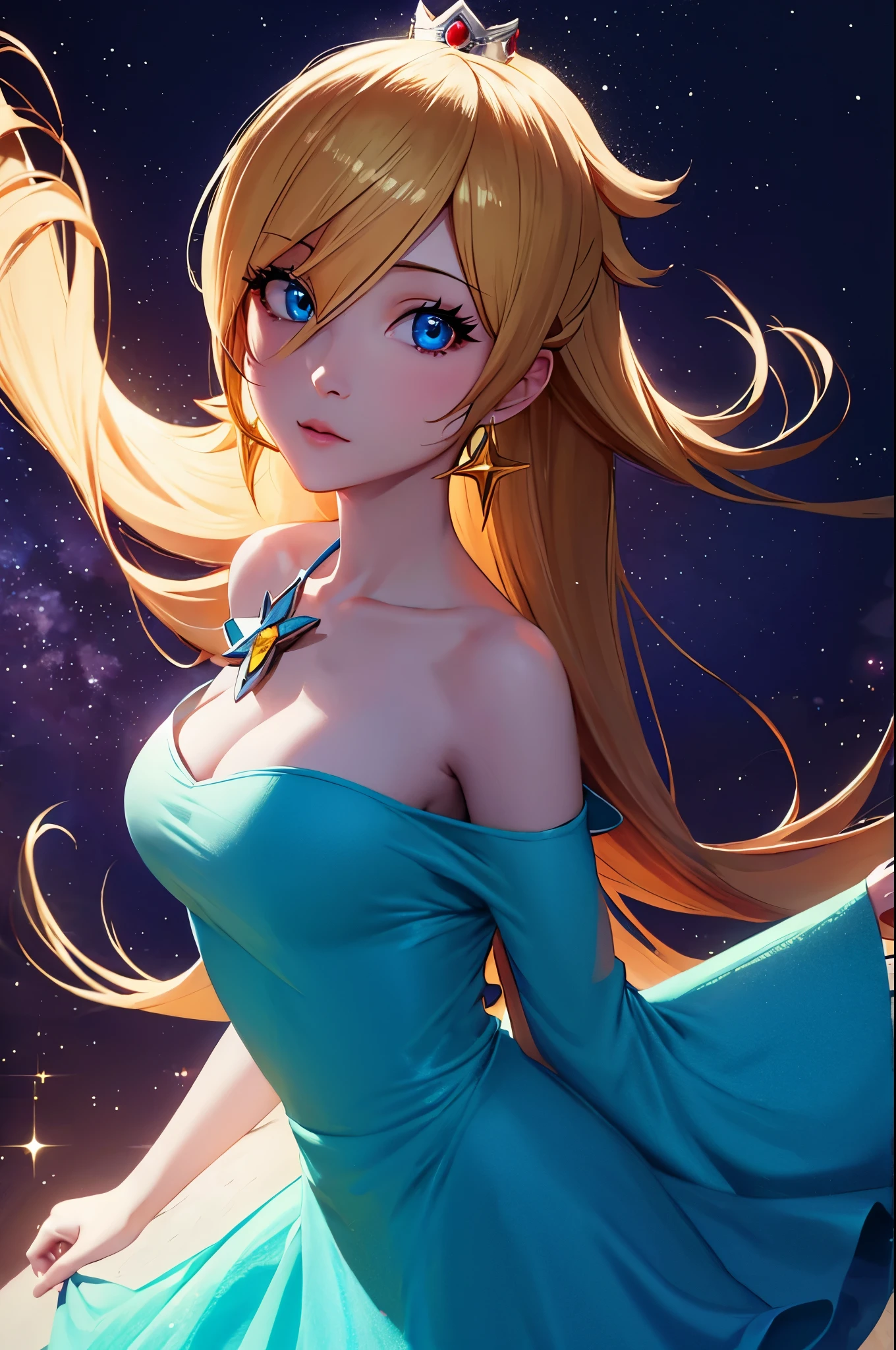 (masterpiece), best quality, expressive eyes, perfect face, highres, 1 girl, solo, rosalina, blonde hair, blue eyes, hair over one eye, long hair, blue dress, crown, dress, earrings, jewelry, princess, robe, bare shoulders, star earrings, space, starry background, glowing particles, good illumination, standing, cowboy shot, looking at the viewer