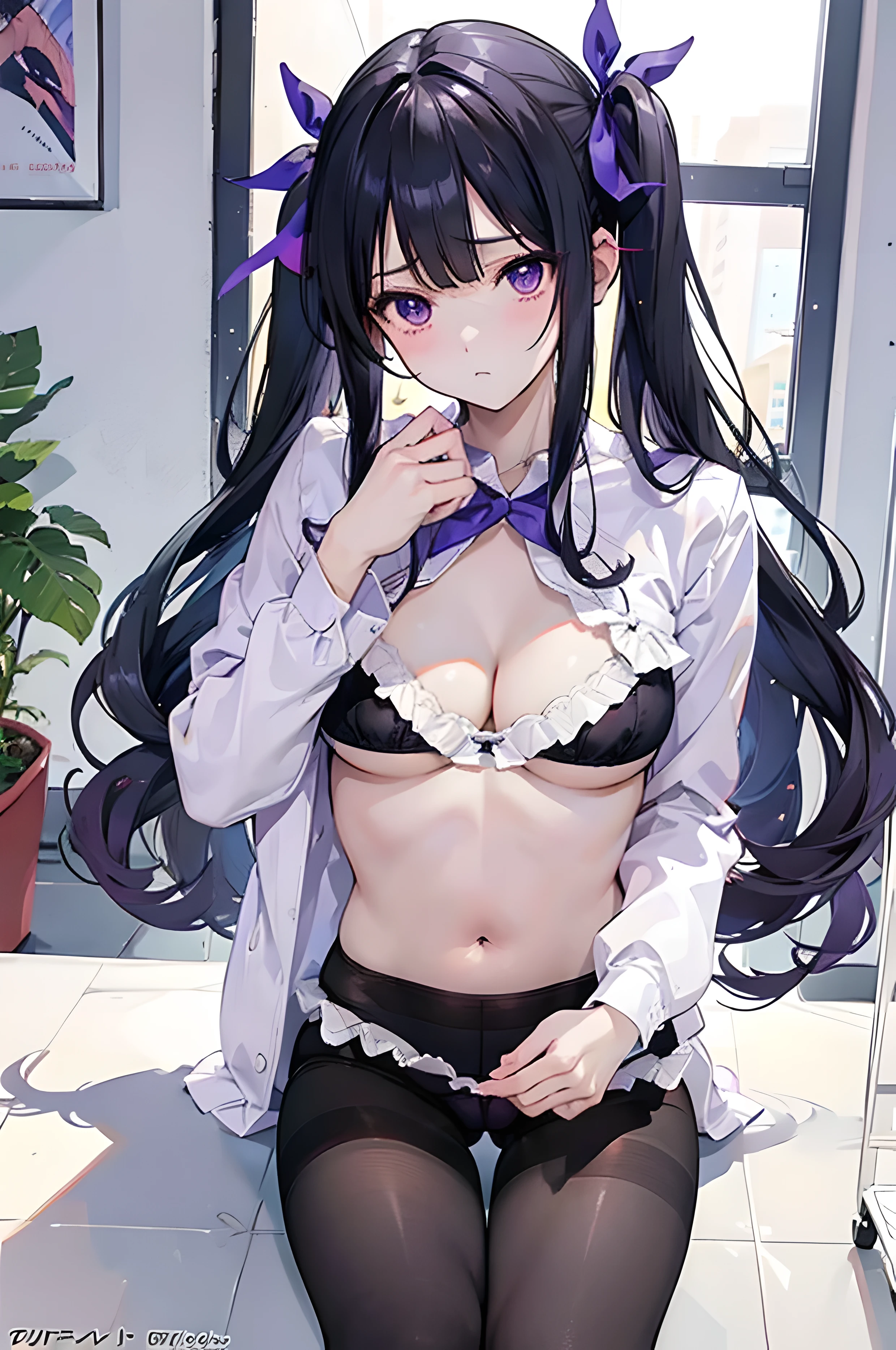 a very busty anime girl holding the book and wearing panties for the cartoon, 1 girl, chest, alone, underwear, nipple, pantyhose, panties, good, panties under pantyhose, purple eyes, thighband pantyhose, large chest, long hair, belly button, black hair, shirt, chest out, open clothes, purple good, looking at the viewer, cover page, crotch seam, cover, ribbon, hair ribbon, white shirt, bangs, clothes pull, frilled good, open shirt, doujin cover, purple panties, Jacket, one side up, frills