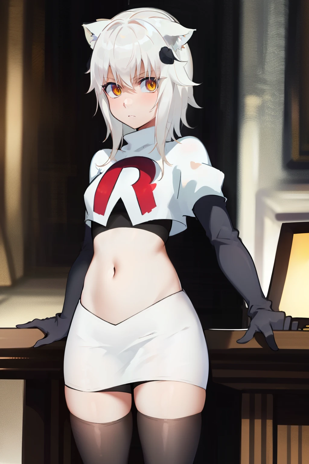 best quality, (masterpiece:1.2), highly detailed, cat ears, 1girl, solo, tojou koneko, looking at the viewer, yellow eyes, white hair, short hair, hair ornament, team rocket,team rocket uniform,white skirt,red letter R,crop top,black thigh-highs,black elbow gloves,