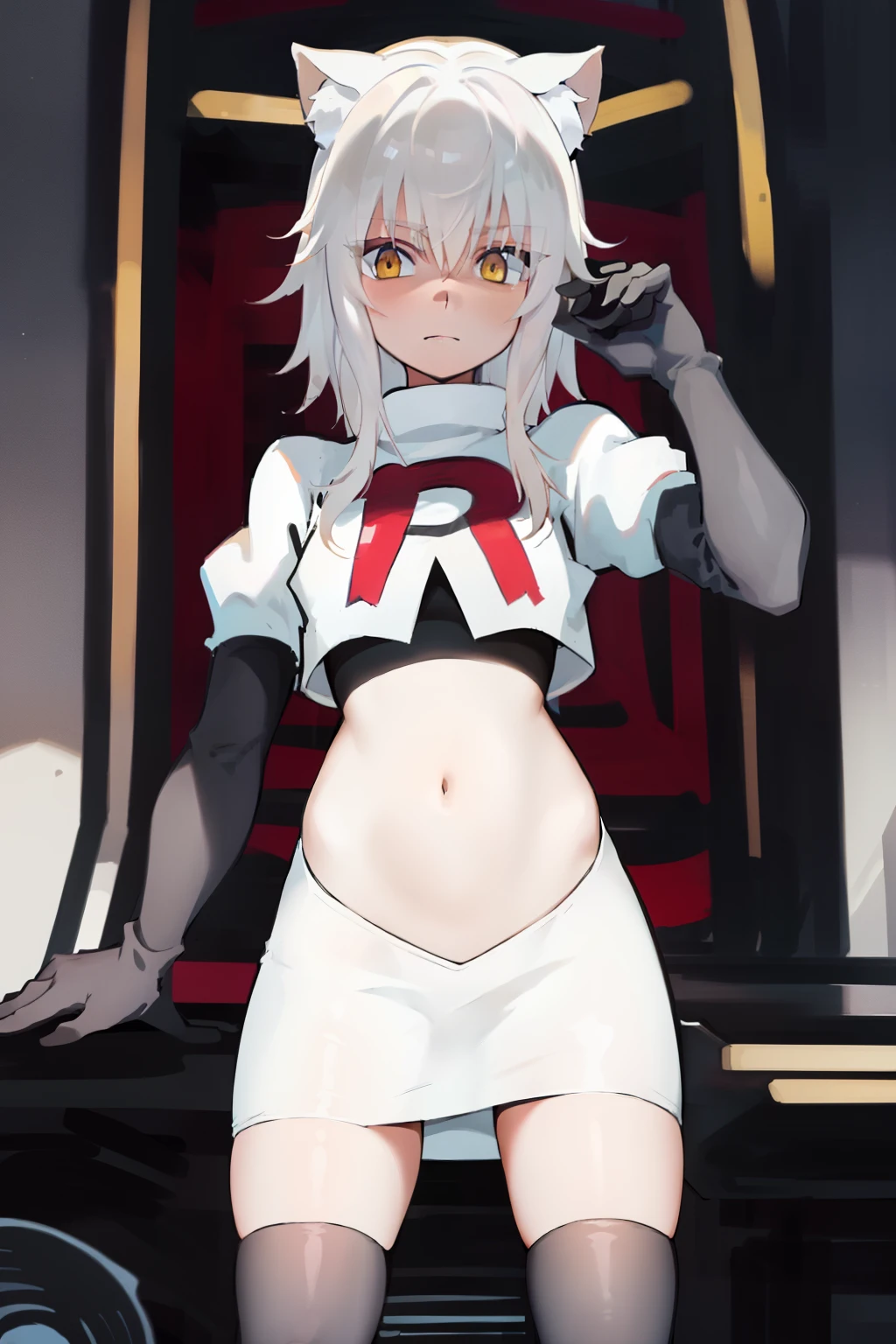 best quality, (masterpiece:1.2), highly detailed, cat ears, 1girl, solo, tojou koneko, looking at the viewer, yellow eyes, white hair, short hair, hair ornament, team rocket,team rocket uniform,white skirt,red letter R,crop top,black thigh-highs,black elbow gloves,
