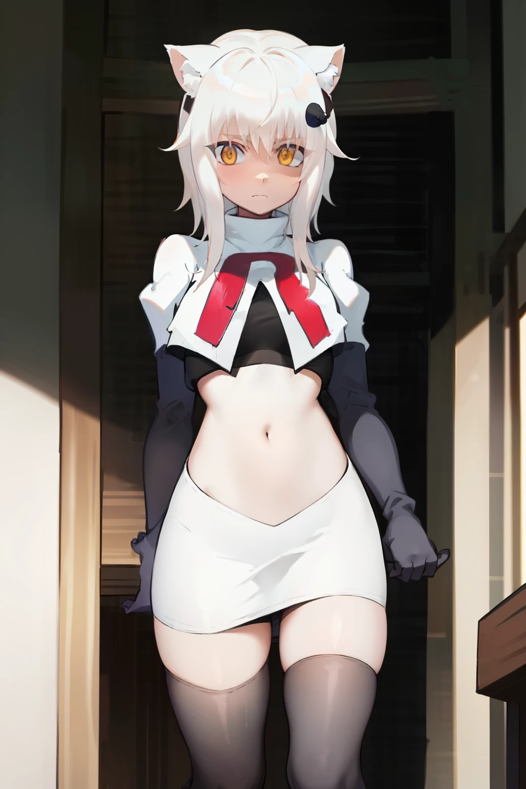 best quality, (masterpiece:1.2), highly detailed, cat ears, 1girl, solo, tojou koneko, looking at the viewer, yellow eyes, white hair, short hair, hair ornament, team rocket,team rocket uniform,white skirt,red letter R,crop top,black thigh-highs,black elbow gloves,