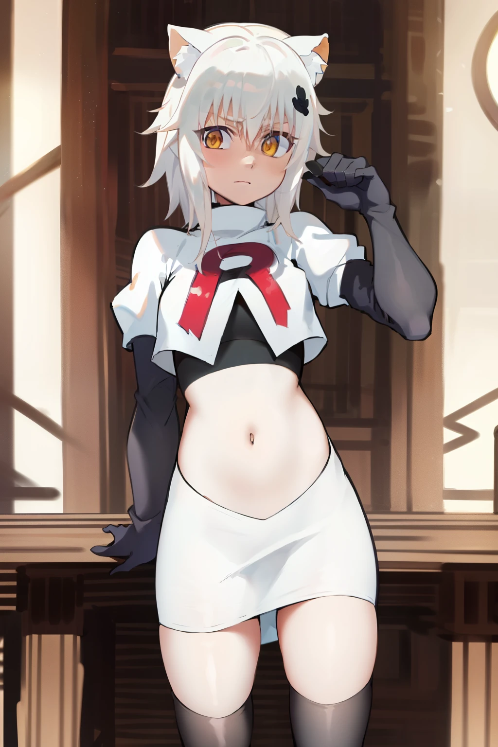 best quality, (masterpiece:1.2), highly detailed, cat ears, 1girl, solo, tojou koneko, looking at the viewer, yellow eyes, white hair, short hair, hair ornament, team rocket,team rocket uniform,white skirt,red letter R,crop top,black thigh-highs,black elbow gloves,