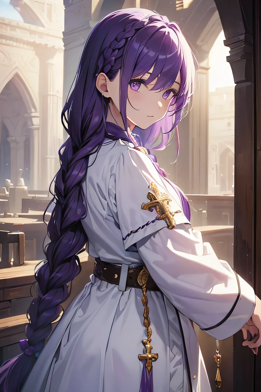(High resolution, realistic, 4K, super detailed, masterpiece:1.2), purple eyes, purple hair, ((long hair braided in the back)), cowboy shot (no hat:1.3), Fantastic portrait of a priest,priest,No,healer, one girl wearing white clothes, ((Having a rosary))