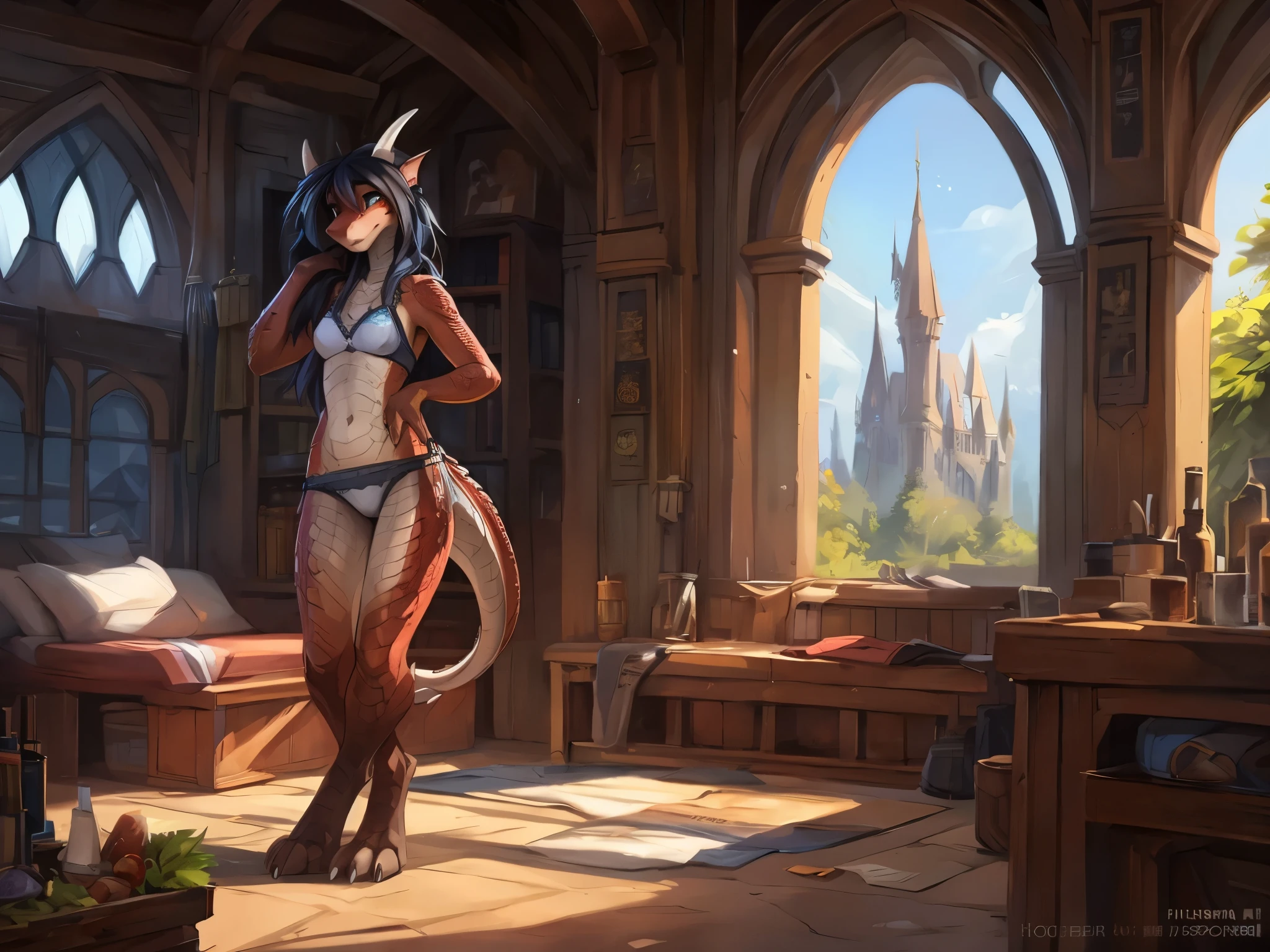 by kenket, Ross Tran, zaush, foxovh, by Zackary911, by hyattlen, by teranen, by fumiko, by Pixelsketcher, by Bayard Wu, by Thomas Benjamin Kennington, by Einshelm, by Kilinah, by Coffeesoda, by Hioshiru, by fluff-kevlar, by Ajin, by Wlop, by Jillian Tamaki, (dragon:1.4), Ruby dragoness, ((anthro)), 8k, 4k, 2k, detailed, intricate, ((solo female)), (female), ((solo)), ((scaly)), (masterpiece), best quality, (detailed scaled skin:1.4), NSFW, (hogsks), (photo-realistic), hogwarts, harry potter, (((ravenclaw))), uploaded on e621, (by hioshiru), by sefeiren, digitigrade, girl, castle, dark red scales, silver belly scales, green eyes, dark hair, flat chested, ((small breasts)), skinny, slim build, long legs, hooved feet, long ears, tawny fur, exposed belly, common room, dorm room, standing, wearing only underwear, bra, panties, embarrassed, (blushing), ((shocked expression)), surprised