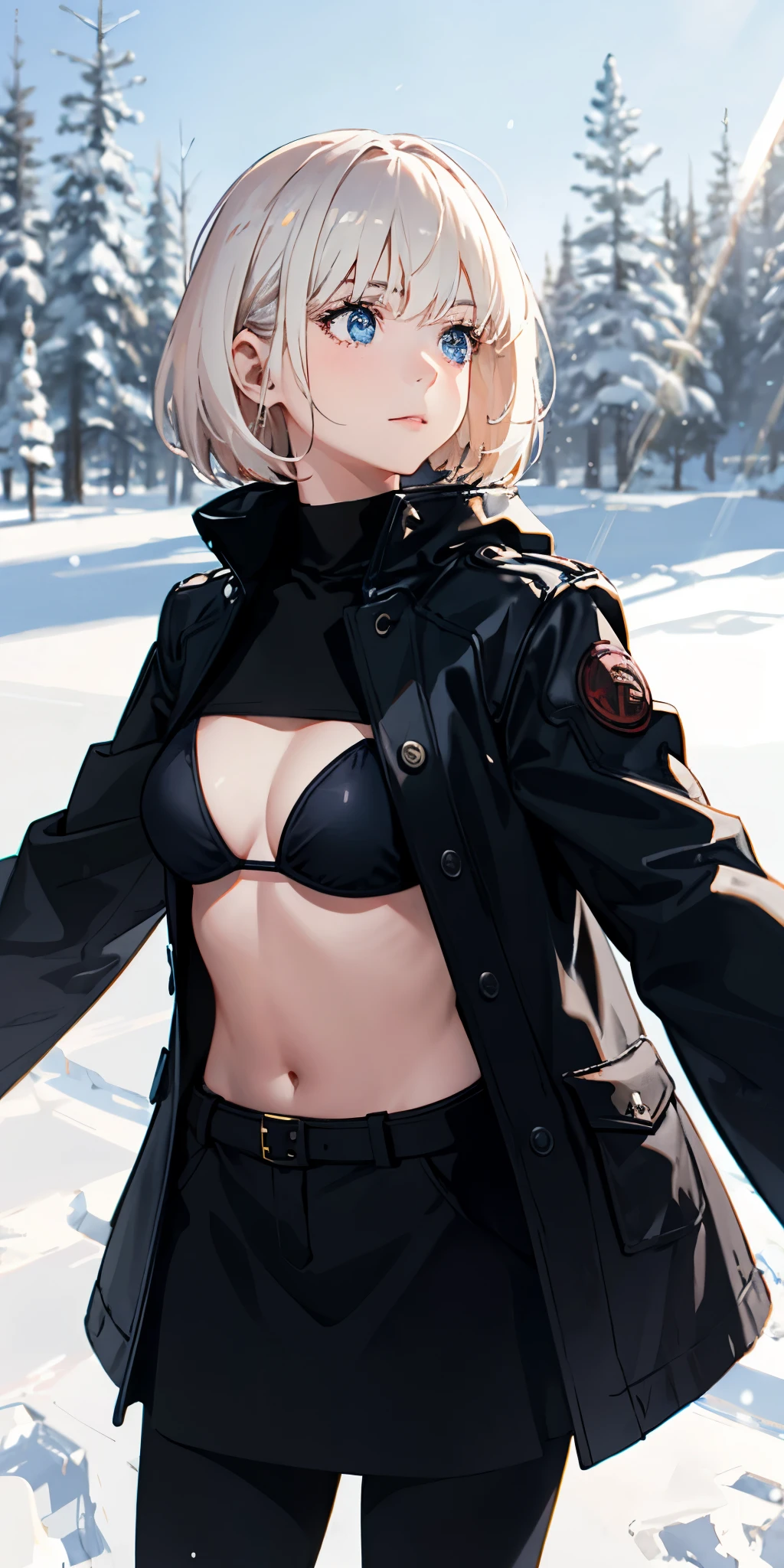 realistic, 1girl, white hair, blue eyes, black bikini, black coat, snow forest, light particles, light rays, wallpaper,