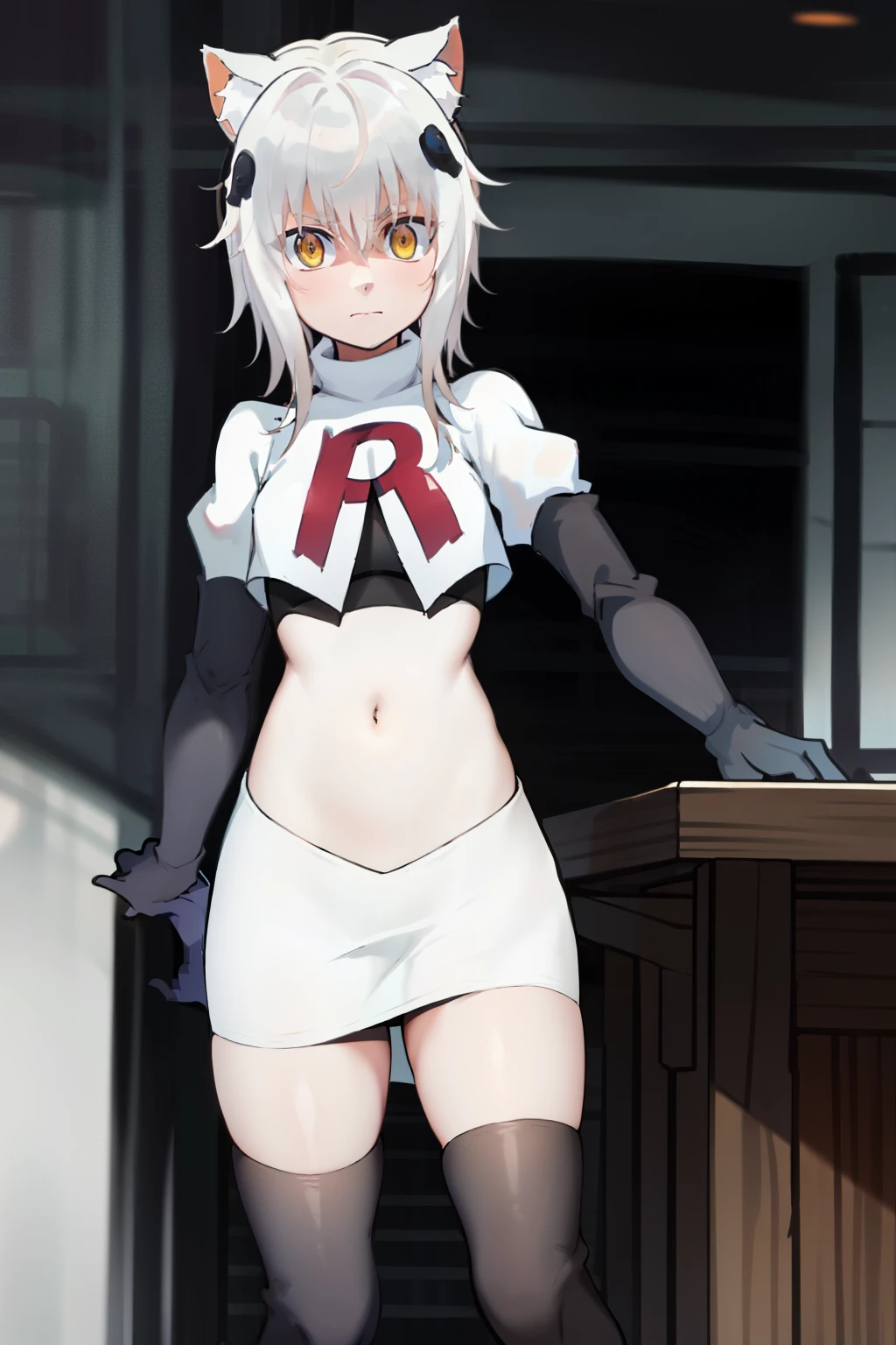 best quality, (masterpiece:1.2), highly detailed, cat ears, 1girl, solo, tojou koneko, looking at the viewer, yellow eyes, white hair, short hair, hair ornament, team rocket,team rocket uniform,white skirt,red letter R,crop top,black thigh-highs,black elbow gloves,