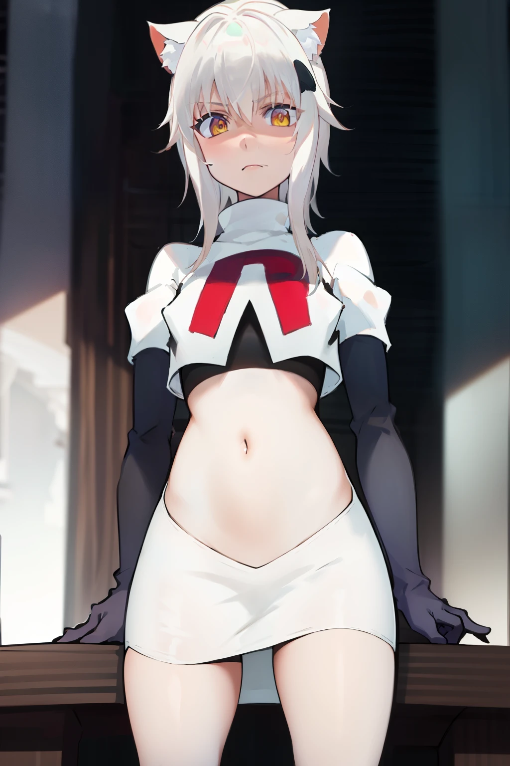 best quality, (masterpiece:1.2), highly detailed, cat ears, 1girl, solo, tojou koneko, looking at the viewer, yellow eyes, white hair, short hair, hair ornament, team rocket,team rocket uniform,white skirt,red letter R,crop top,black thigh-highs,black elbow gloves,