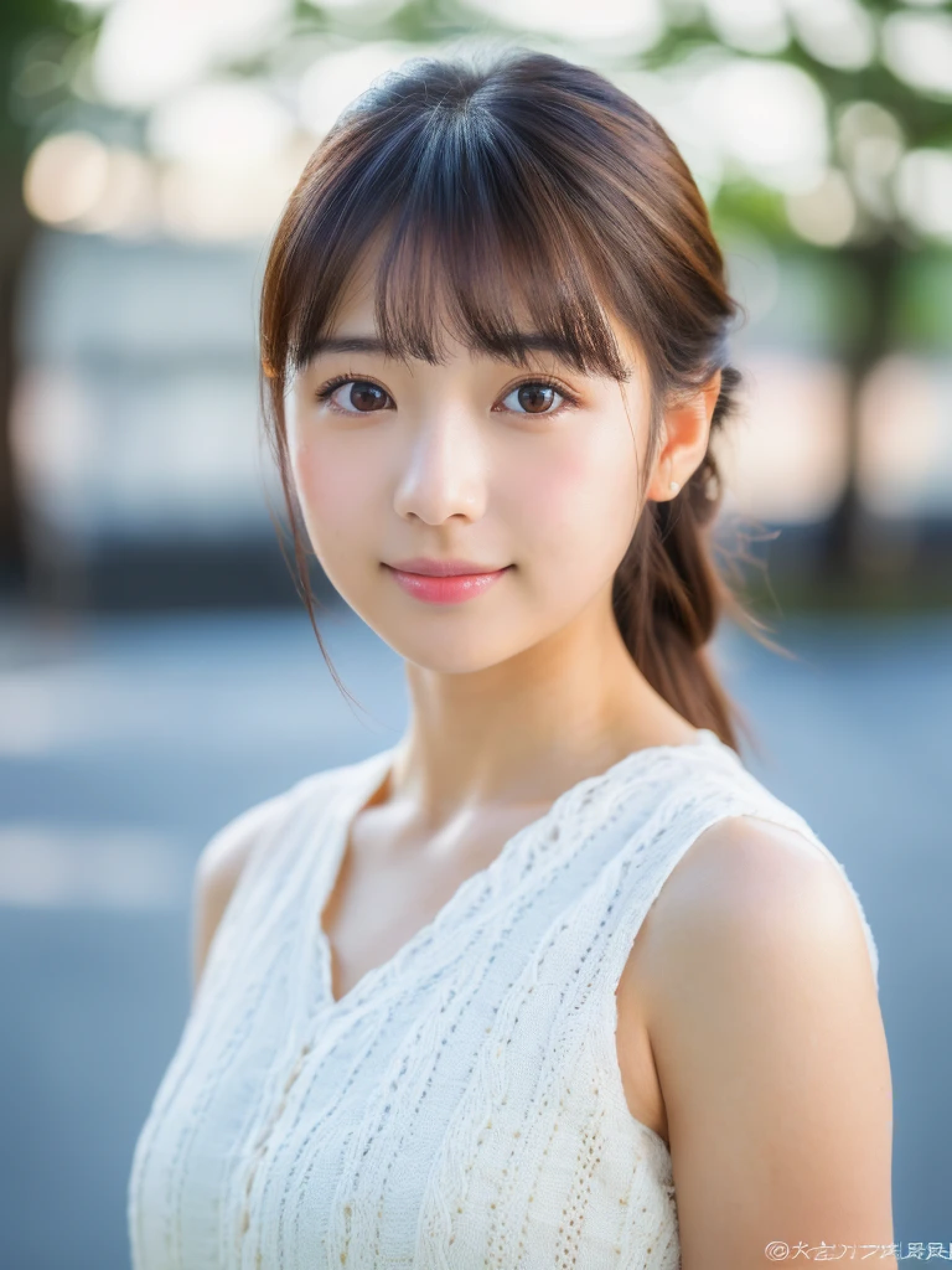 ((cute日本の女の子、beautiful japanese girl、1 girl、clear、19 years old、ponytail、Highly detailed face and skin texture、refinement、super detailed face、highly detailed eyes、Lee Hong、blush、cheek、ピンクのcheekを塗ったcheek、close-up of woman、 from the neck up、 Close to the camera、 positive face、Forward-facing body、look at the camera、front、cute、smooth white skin、Transparent skin texture、))、(dark brown hair、bangs)、beautiful woman with perfect style：1.4、japanese model、young gravure idol、若いcuteグラビアアイドル、Realistic young gravure idol、refinementされたグラビアアイドル、((highest quality、8K、masterpiece:1.3、１photograph))、(4K、RAWphotograph、highest quality)、(realistic、フォトrealistic:1.37)、Place someone on the other side of the screen、Natural light、