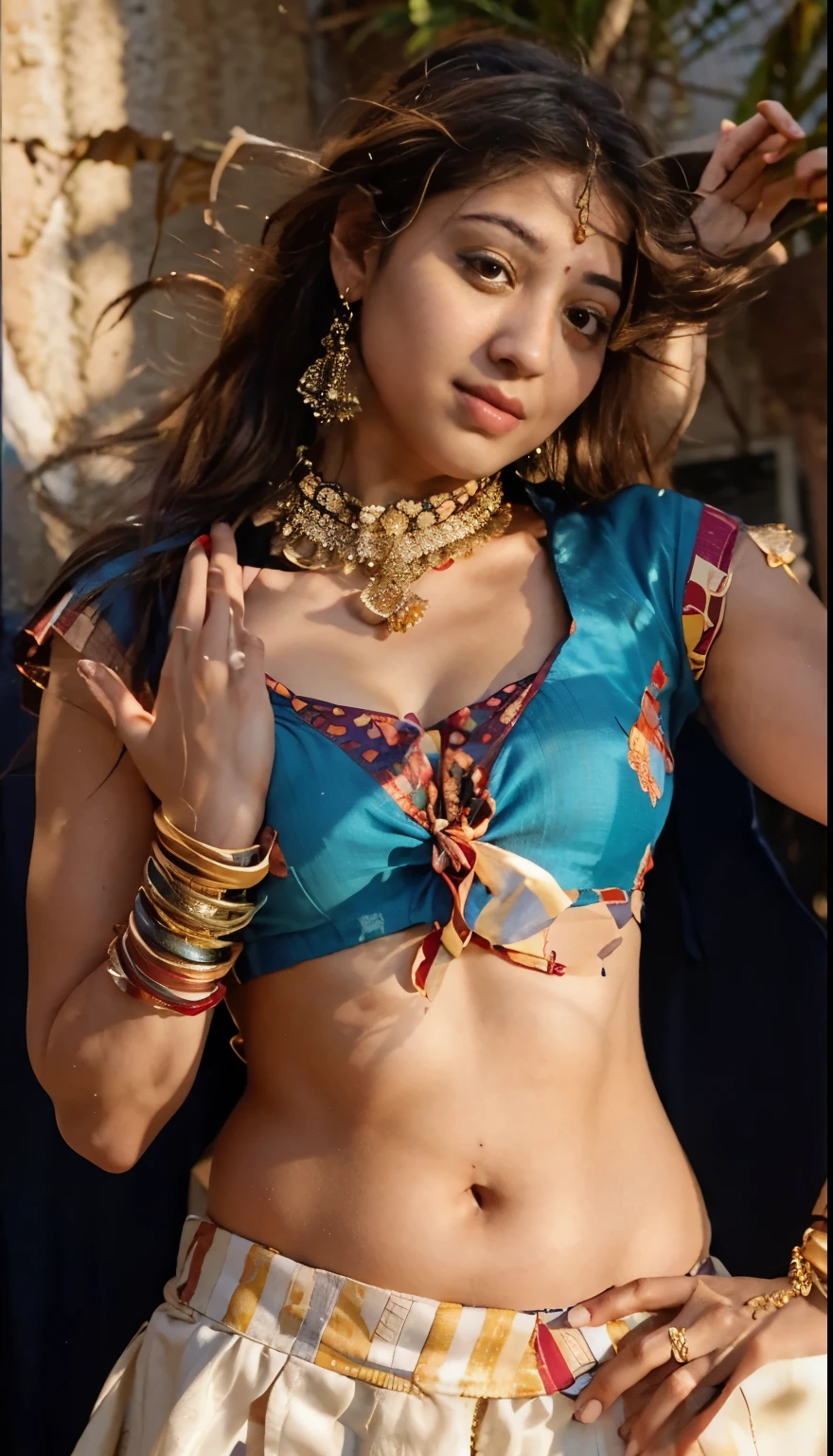 A shy girl, in a traditional Indian blouse tie top