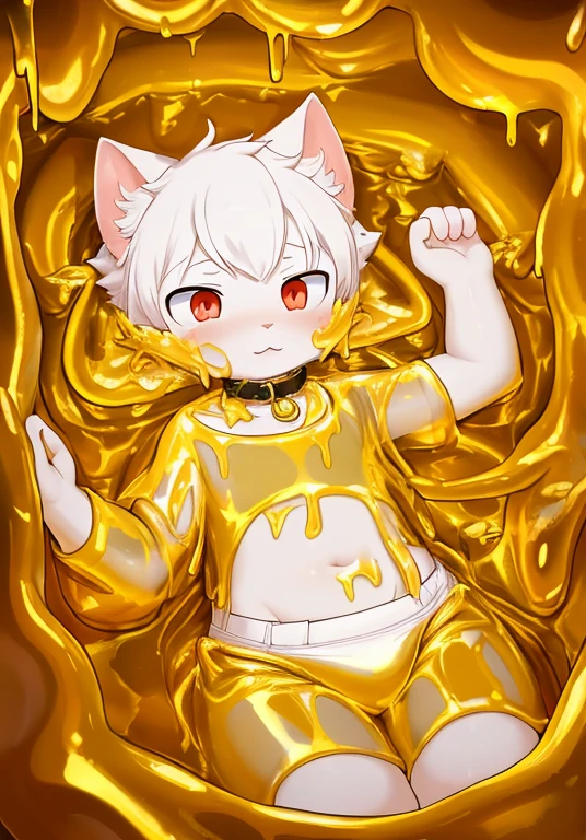 (best quality,4K,8k,high resolution,masterpiece:1.2),Super detailed,A male white cat wearing a diaper,collar,red pupils,cat ears,cat nose,Soak in golden slime,into the slime,Thighs covered with golden mucus,Golden Slime