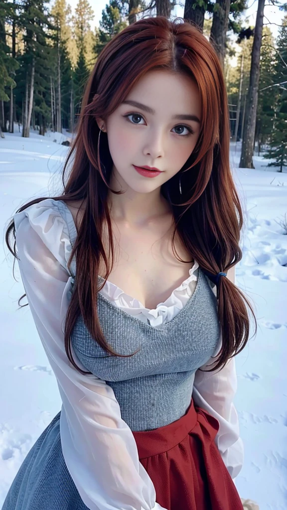 Pretty woman, similar to Ellie Bamber (British actress),cute,huge natural breasts, red hair curly/flowing, detailed dark BLUE eyes and face, not to skinny, naughty smile, make it ultra-realistic, western european girl, in the snow in the mountains, clothing colour needs to be anything but red, extremely detailed blue eyes, extremely long wavy red hair with 2 ponytails, extremely long hair, extremely detailed blue eyes, huge drop earrings, naked breasts, extremely long red hair with 2 ponytails, santa claus dress