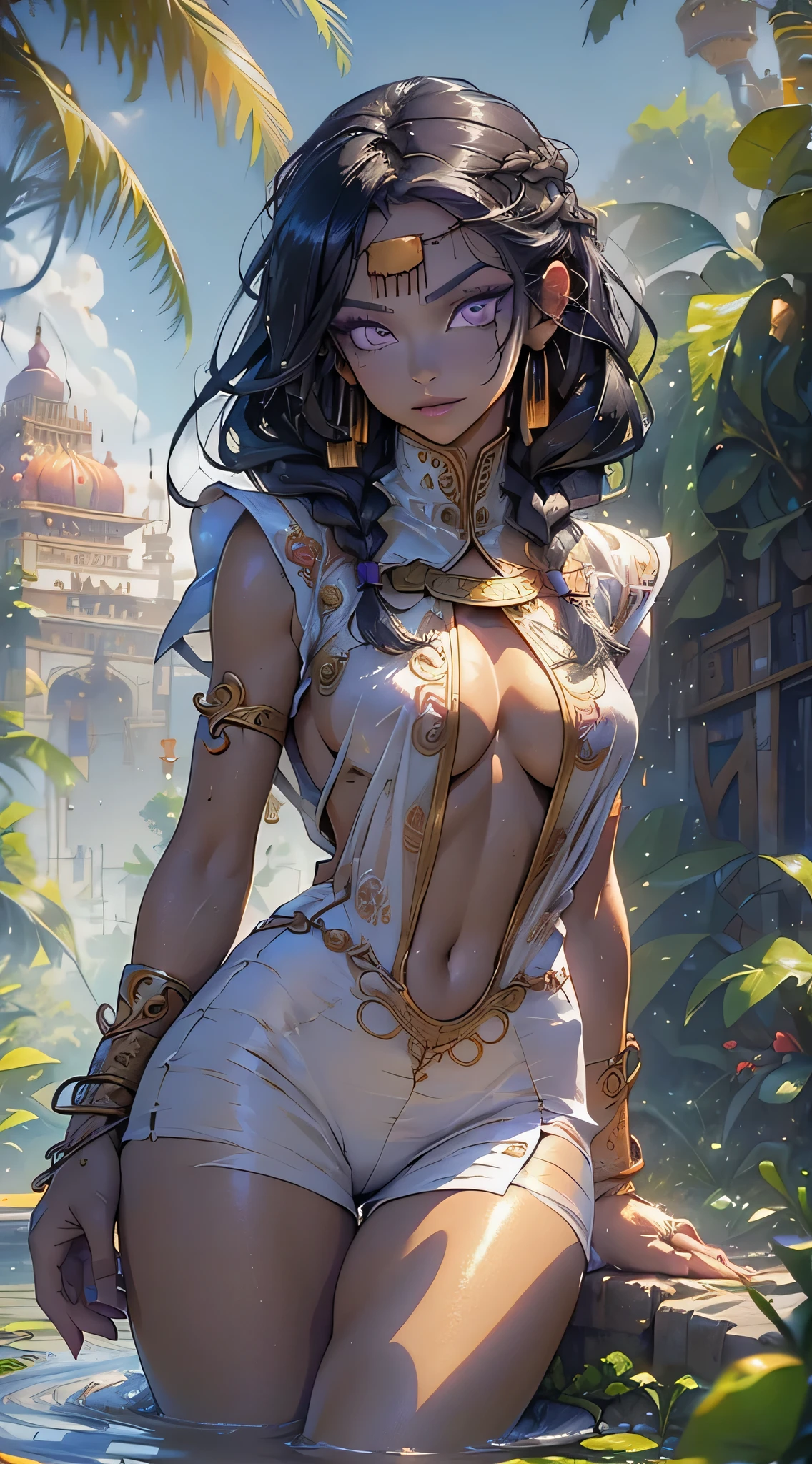 Pirotess , girl from ancient Egypt,1girl,
(large breasts:1.4),((((long twin braids,tight braids,long braid,braided hair,long hime cut,dark hair,black hair,colored inner hair)))),(((purple_eyes:1.3))),intricate eyes,beautiful detailed eyes,symmetrical eyes,((((lustrous skin:1.5,tanned skin,bright skin: 1.5,skin tanned,shiny skin,very shiny skin,shiny body,Reflective skin)))),(spider lower abdomen,narrow waist,wide hip,athletic body,inflated legs,thick thighs,delicate detailed fingers,(detailed face)),beautiful detailed lips,
cute,slutty,,seductive look,seductive,((erotic)),opulent,sumptuous,((nsfw)),
a beautiful woman in a Sari,(Bindi, Jhumkas:1.3),(Armlet,Haar Payal,Maang Tikka,Jhumkas,Kamarband,Bangles:1.3),almost naked,underwear slipped down,revealing clothing,show skin,huge cleavage,((underboob)),(((barefoot))),(((eyeshadow,egyptian makeup,eyelid makeup))),(((red clothes,Transparent cloth:1.1,wet clothes,intricate outfit,embroidered outfit,ornate outfit,intricate cloth,embroidered cloth,ornate cloth))),
(flirtatious pose:1.3), looking at viewer,embarrassed,centered,scale to fit dimensions,Rule of thirds,
outdoors,(egyptian palace,egyptian palace background,pyramids in the background),scenery,(oasis,oasis background),extremely scenery,(puddles everywhere,moss,moss on the background),clouds,Egypt style,Egypt castle,lily pads,palms,reeds,(sunset, golden hour),
(Glossy Egyptian ornaments),(top-quality,8K,32K,masterpiece),high resolution,(Photorealistic:1.4),Ray tracing,Sun glare,depth of fields,By backlight effect,Add depth to your screen,(((vibrant colors,vibrant theme))),(intricate),(high contrast,photorealistic artwork:1.37),(best quality,4k,highres,masterpiece:1.2),ultra-detailed,(realistic,photorealistic,photo-realistic:1.37),professional,