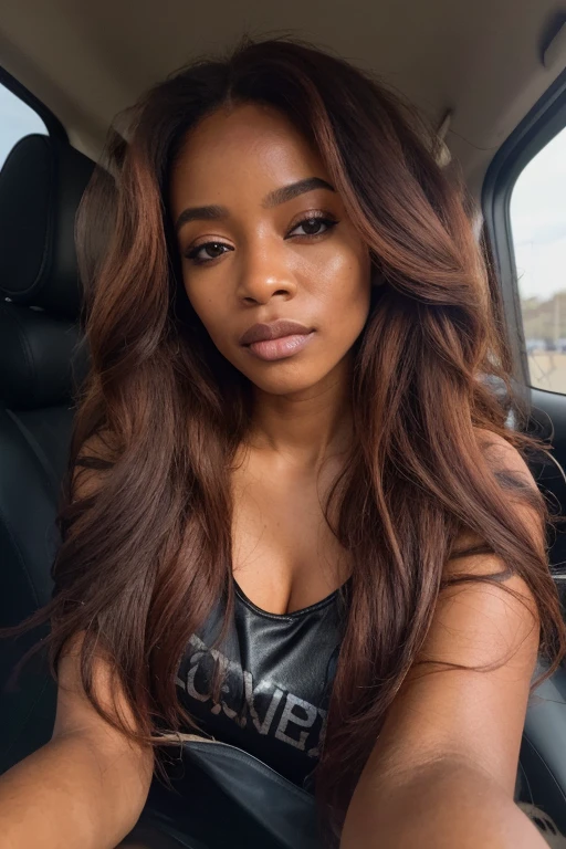 a photo of a seductive middle-aged woman, long straight flowing hair, Ethiopian woman with loose styled (redhead hair:1.1), bored, she  wearing a hoodie and black leather jacket and leggings, mascara, (textured skin, skin pores:1.1), (moles:0.8), imperfect skin, goosebumps, flawless face, (light freckles:0.9), (sun-kissed:1.1), ((photorealistic):1.1), (raw, 8k:1.3), 