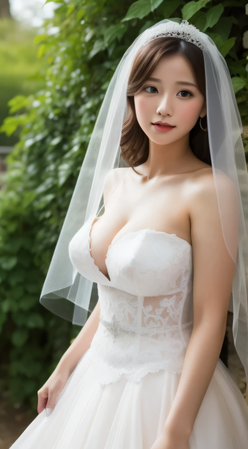 (RAW photo, 最high quality), (realistic, realistic:1.2),high quality, 1 girl,huge boobs,Are standing,,wedding veil,In the garden