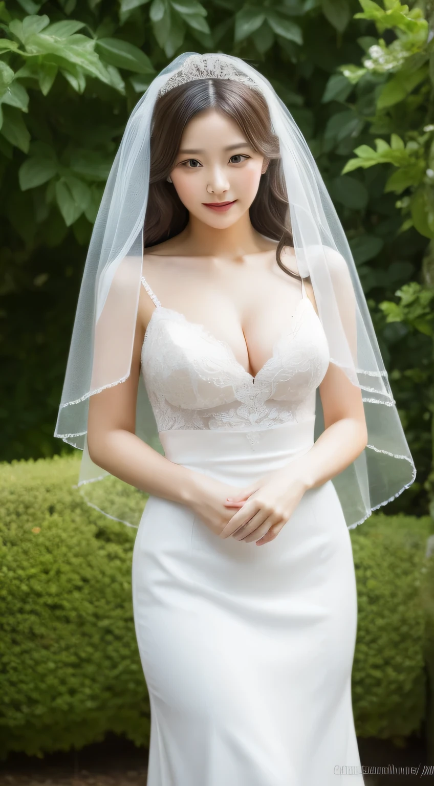 (RAW photo, 最high quality), (realistic, realistic:1.2),high quality, 1 girl,huge boobs,Are standing,,wedding veil,In the garden