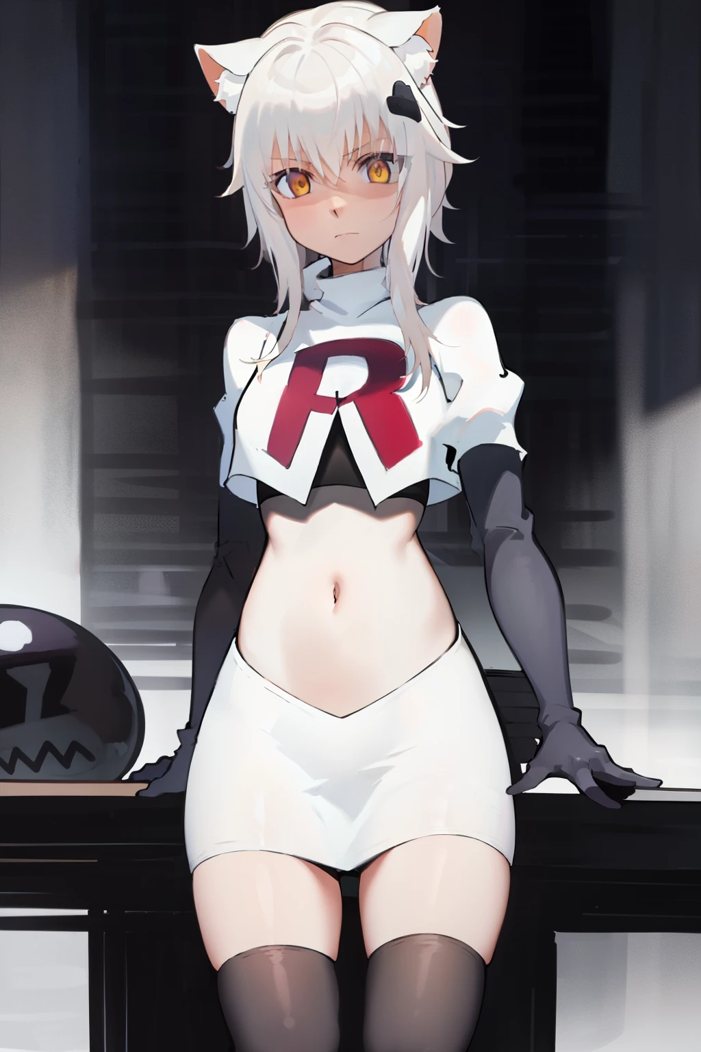 best quality, (masterpiece:1.2), highly detailed, cat ears, 1girl, solo, tojou koneko, looking at the viewer, yellow eyes, white hair, short hair, hair ornament, team rocket,team rocket uniform,white skirt,red letter R,crop top,black thigh-highs,black elbow gloves,