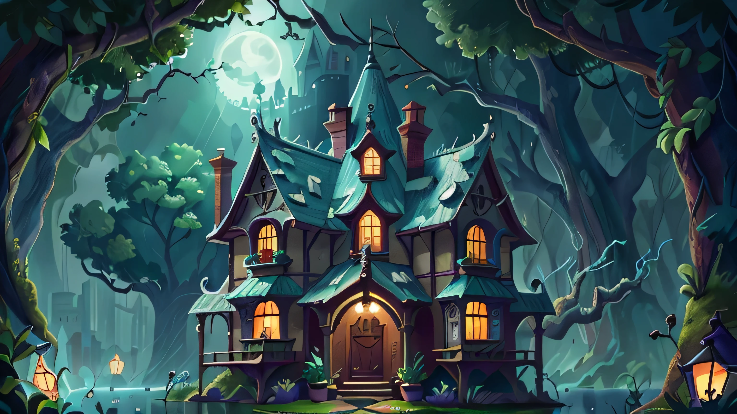 creaking, Cobweb mansion shrouded in moonlight. rumbling thunder.