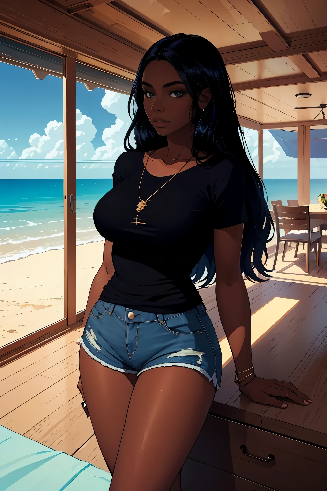 Dark skin young woman in a blue shirt, long black hair, luxury beach themed home interior and jean shorts