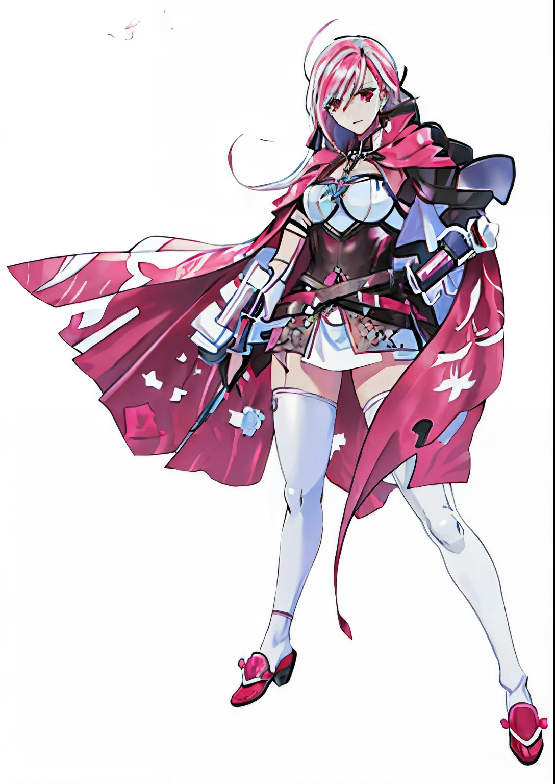 uma mulher com uma capa rosa e meias brancas segurando uma espada, emblema de fogo edelgard, Edelgard do Emblema de Fogo, final fantasy tactics character, cushart krenz arte chave feminino, Estilo de arte de Guilty Gear, fuchsia skin beneath the armor, fuchsia skin below the armor, personagem jrpg art, De Xenoblade Chronicles, personagem jrpg