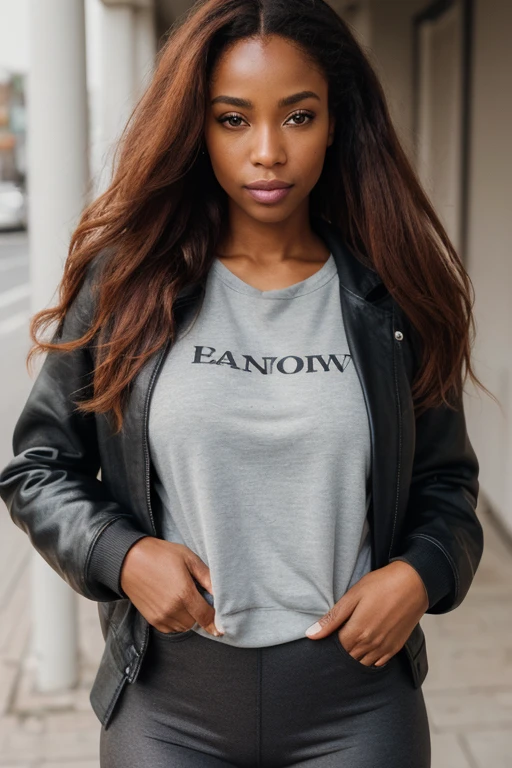 a photo of a seductive middle-aged woman, 40 years old, long straight flowing hair, Ethiopian woman with loose styled (redhead hair:1.1), bored, she wearing a hoodie and black leather jacket and leggings, mascara, (textured skin, skin pores:1.1), (moles:0.8), imperfect skin, goosebumps, flawless face, (light freckles:0.9), (sun-kissed:1.1), ((photorealistic):1.1), (raw, 8k:1.3),