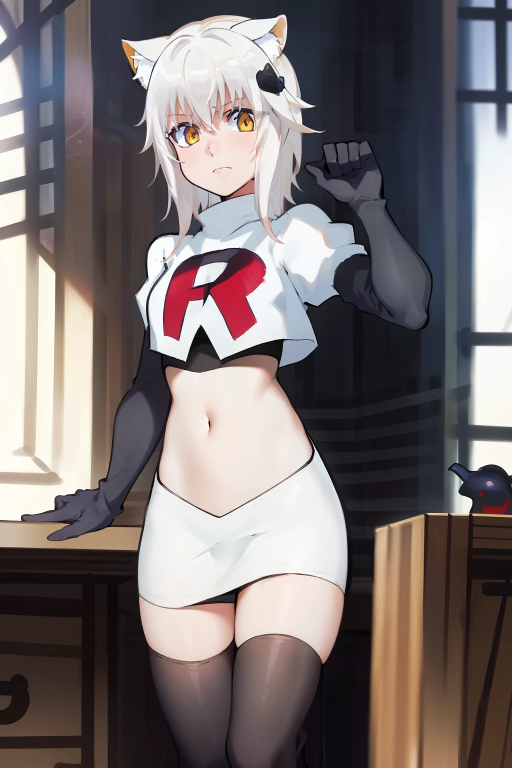 best quality, (masterpiece:1.2), highly detailed, cat ears, 1girl, solo, tojou koneko, looking at the viewer, yellow eyes, white hair, short hair, hair ornament, team rocket,team rocket uniform,white skirt,red letter R,crop top,black thigh-highs,black elbow gloves,