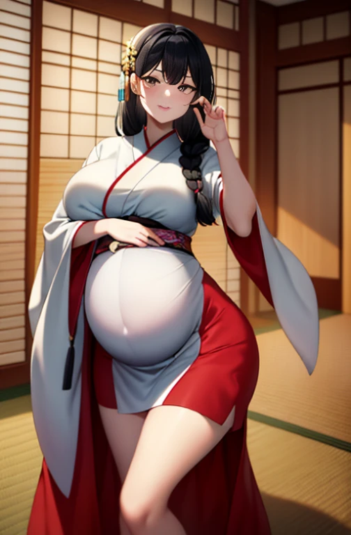 A beautiful 15-year-old pregnant princess from the Sengoku period with long black hair　Gorgeous embroidery, Ultra glossy, She is wearing a shiny red long-sleeved floral layered kimono.... Red kimono jacket　She is forced to embrace an old man in front of her lover.　Intense foreplay　Fluid spurting from her nipples　The old man massages her breasts