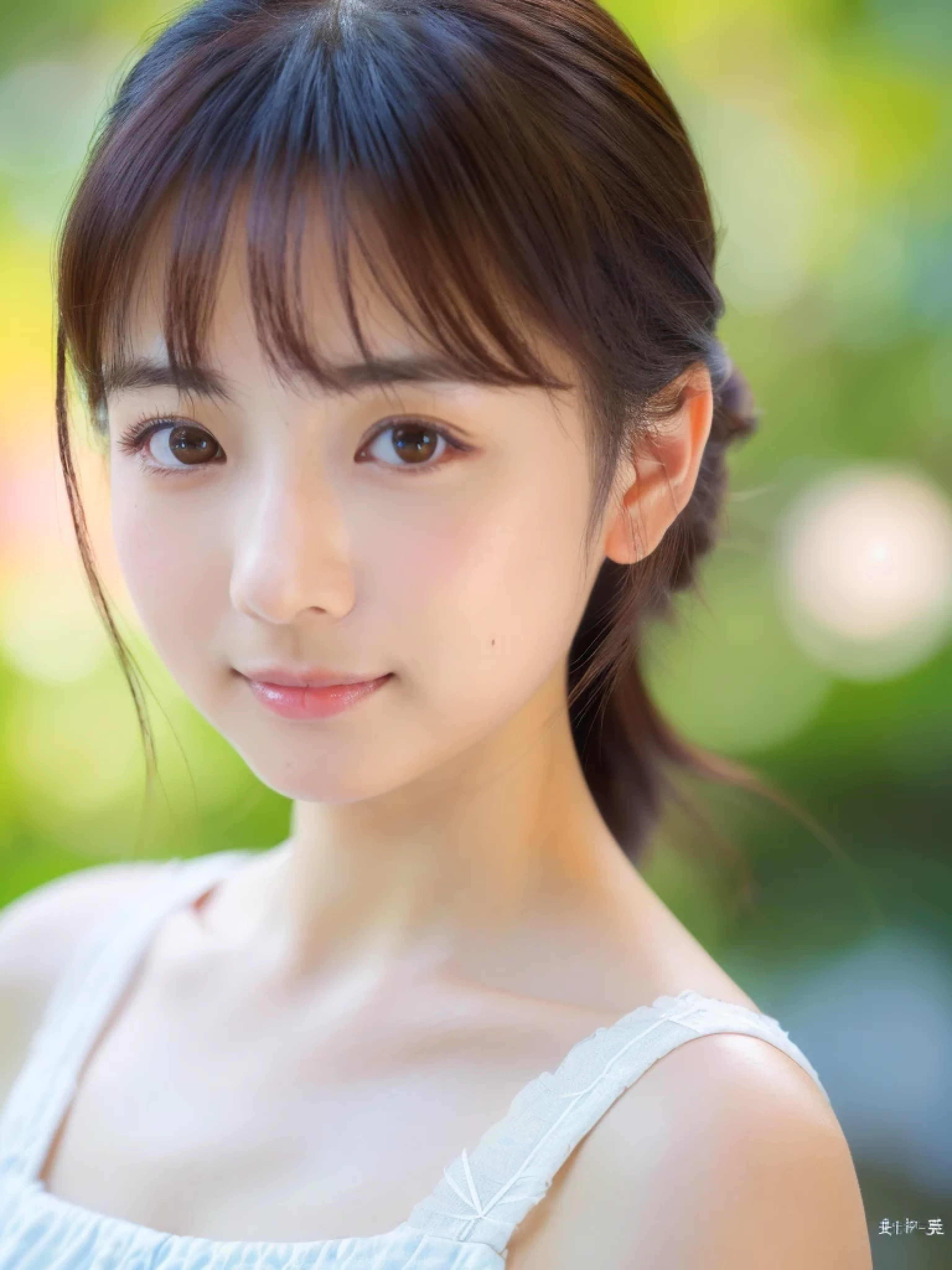 ((cute日本の女の子、beautiful japanese girl、1 girl、clear、19 years old、ponytail、Highly detailed face and skin texture、refinement、super detailed face、highly detailed eyes、Lee Hong、blush、cheek、ピンクのcheekを塗ったcheek、close-up of woman、 from the neck up、 Close to the camera、 positive face、Forward-facing body、look at the camera、front、cute、smooth white skin、Transparent skin texture、))、(dark brown hair、bangs)、beautiful woman with perfect style:1.4、japanese model、young gravure idol、若いcuteグラビアアイドル、Realistic young gravure idol、refinementされたグラビアアイドル、((highest quality、8K、masterpiece:1.3、1photograph))、(4K、RAWphotograph、highest quality)、(realistic、フォトrealistic:1.37)、Place someone on the other side of the screen、Natural light、