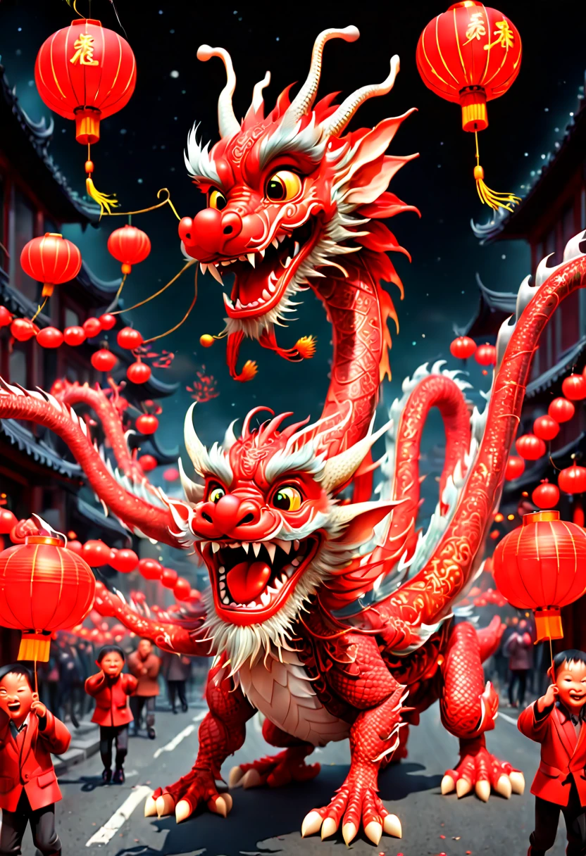 high-definition art illustrations, New Year Eve, fireworks in the night sky, a Red Chinese dragon, little Elf carrying Red Lanterns, busy streets, celebrations, octane render, (best quality, masterpiece, Representative work, official art, Professional, 8k:1.3)