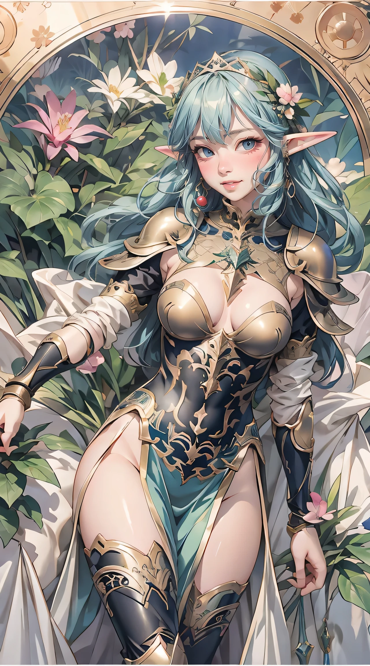 an elf knight portrait by Hajime Sorayama, armor, perfect slim fit body