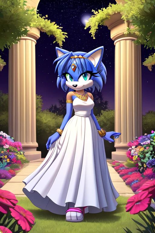 Krystal The Fox, Beautiful, Jewelry, White Dress, Long Dress, Night, Stars, Looking at Viewer, standing up, 2D illustration. A Background of a Roman pillars of a garden and flowery and colorful background arches with colorful gardens and trees. High quality, masterpiece.