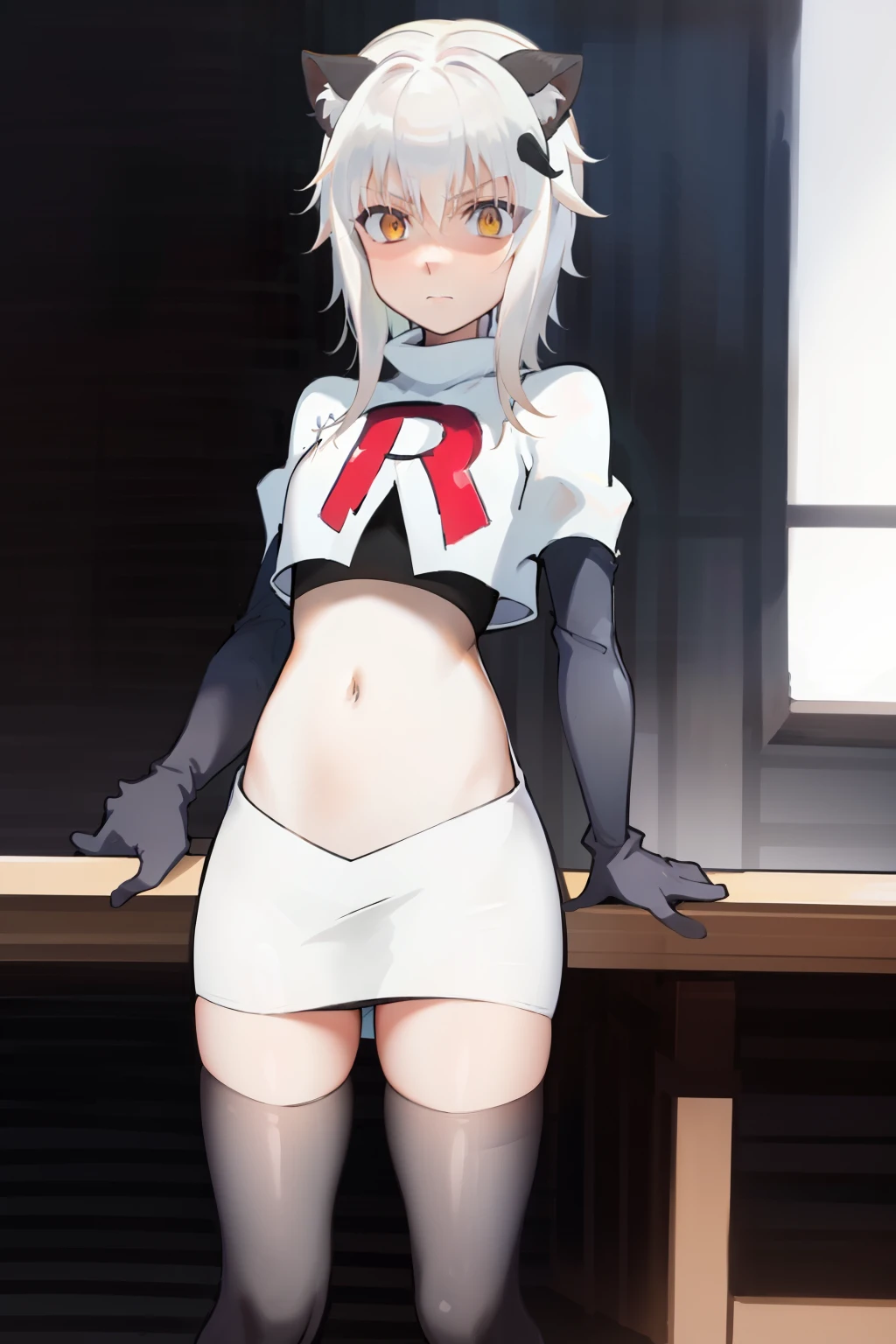 best quality, (masterpiece:1.2), highly detailed, cat ears, 1girl, solo, tojou koneko, looking at the viewer, yellow eyes, white hair, short hair, hair ornament, team rocket,team rocket uniform,white skirt,red letter R,crop top,black thigh-highs,black elbow gloves,