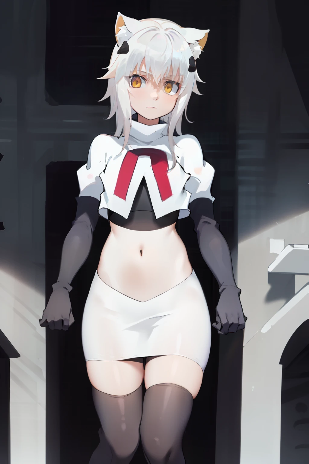 best quality, (masterpiece:1.2), highly detailed, cat ears, 1girl, solo, tojou koneko, looking at the viewer, yellow eyes, white hair, short hair, hair ornament, team rocket,team rocket uniform,white skirt,red letter R,crop top,black thigh-highs,black elbow gloves,