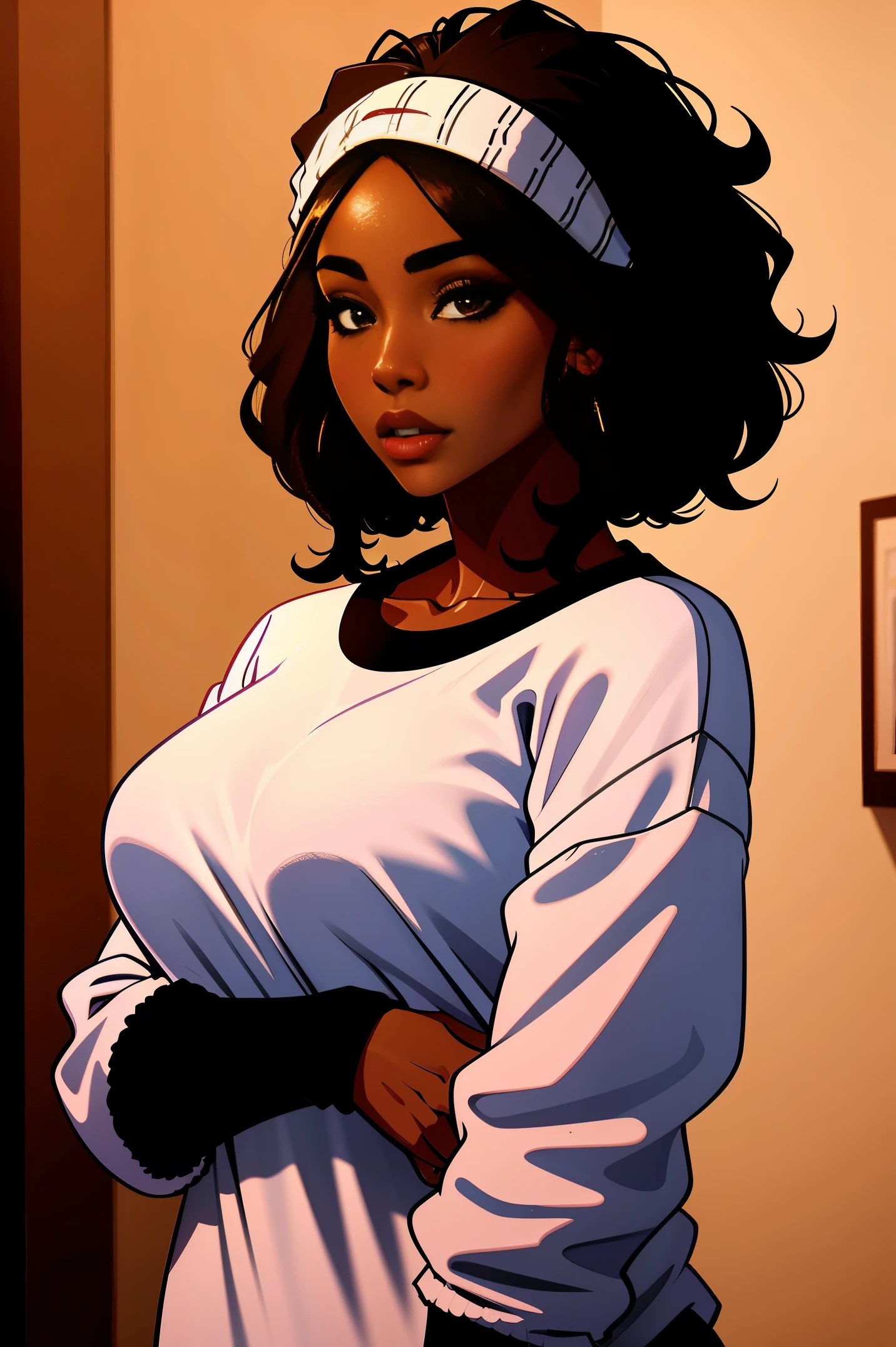 Dark skin ebony young woman in an oversized fuzzy fitted shirt, clearly defined brown eyes