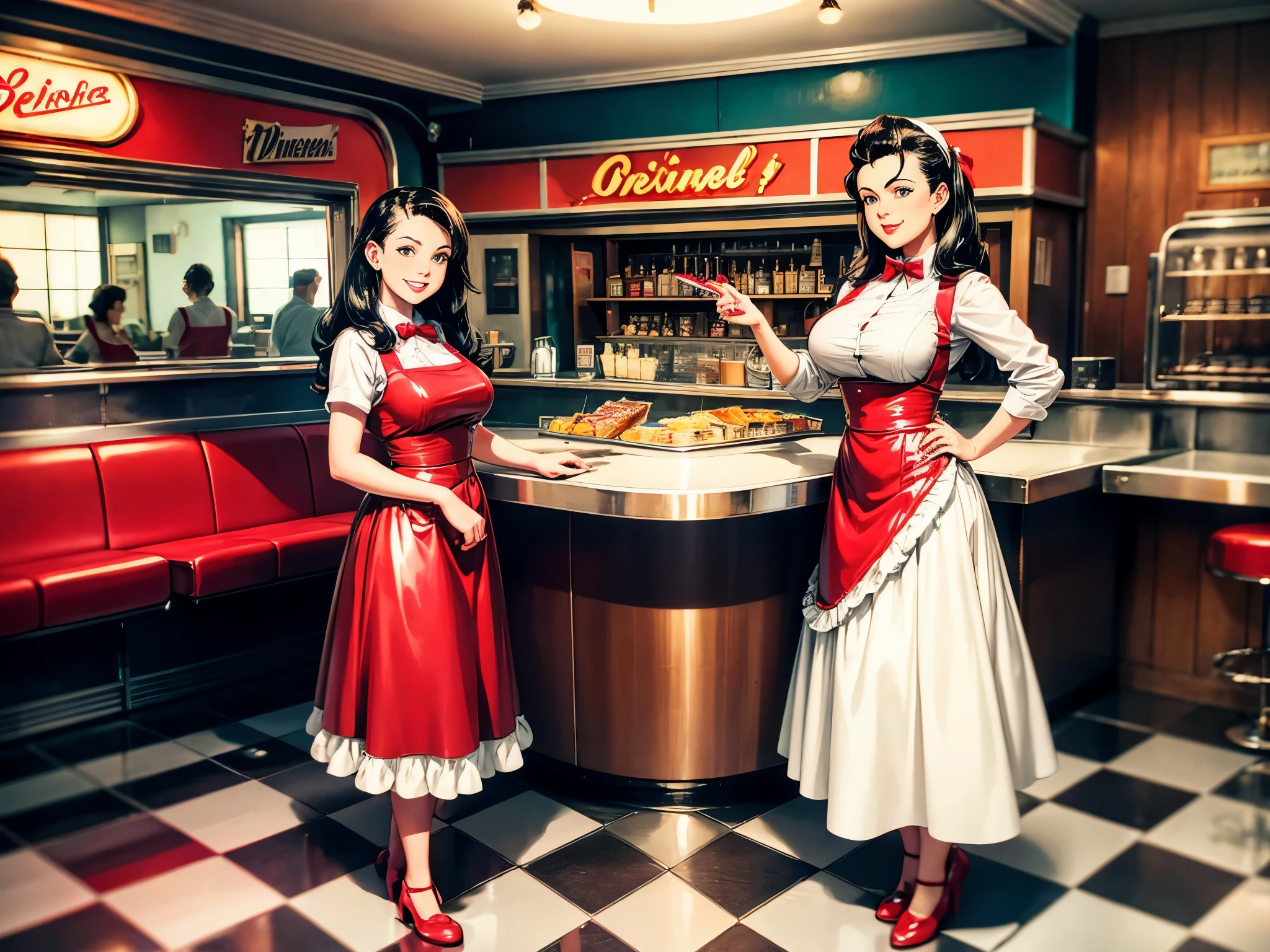 Vintage 1950's diner: gleaming chrome, red vinyl booths, black-and-white floors. Awaiting patrons behind the counter are rows of soda fountains. In the midst of it all, a charming waitress, enormous , beautiful face, long hair, serves delicious meals while wearing a classic outfit. Nearby, a pristine Wurlitzer jukebox pulses with life, ready to share the joy of early rock 'n' roll tunes. This enchanting scene transports viewers to simpler times filled with warmth, camaraderie, and enduring style.