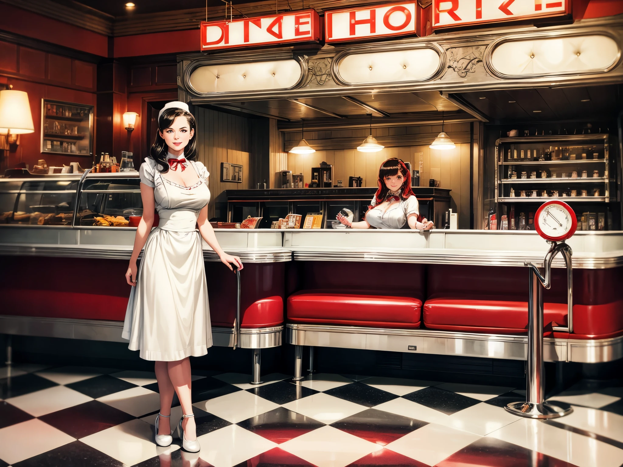 Vintage 1950's diner: gleaming chrome, red vinyl booths, black-and-white floors. Awaiting patrons behind the counter are rows of soda fountains. In the midst of it all, a charming waitress, enormous tits, beautiful face, long hair, serves delicious meals while wearing a classic outfit. Nearby, a pristine Wurlitzer jukebox pulses with life, ready to share the joy of early rock 'n' roll tunes. This enchanting scene transports viewers to simpler times filled with warmth, camaraderie, and enduring style.