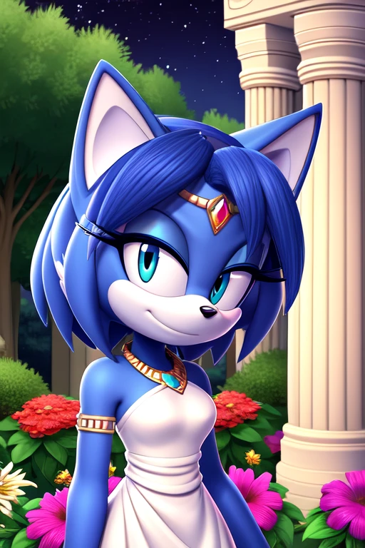 Krystal The Fox, Beautiful, Jewelry, White Dress, Long Dress, Blue Skin, Night, Stars, Looking at Viewer, standing up, 2D illustration. A Background of a Roman pillars of a garden and flowery and colorful background arches with colorful gardens and trees. High quality, masterpiece. Close up portrait 