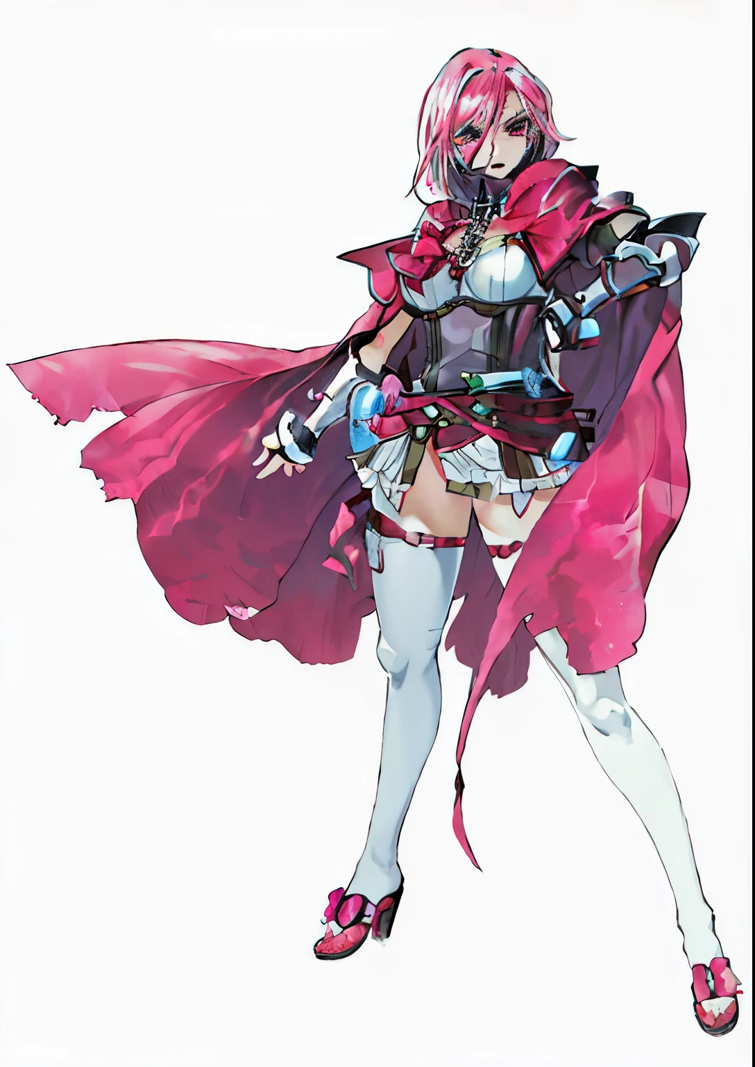 uma mulher com uma capa rosa e meias brancas segurando uma espada, emblema de fogo edelgard, Edelgard do Emblema de Fogo, final fantasy tactics character, cushart krenz arte chave feminino, Estilo de arte de Guilty Gear, fuchsia skin beneath the armor, fuchsia skin below the armor, personagem jrpg art, De Xenoblade Chronicles, personagem jrpg