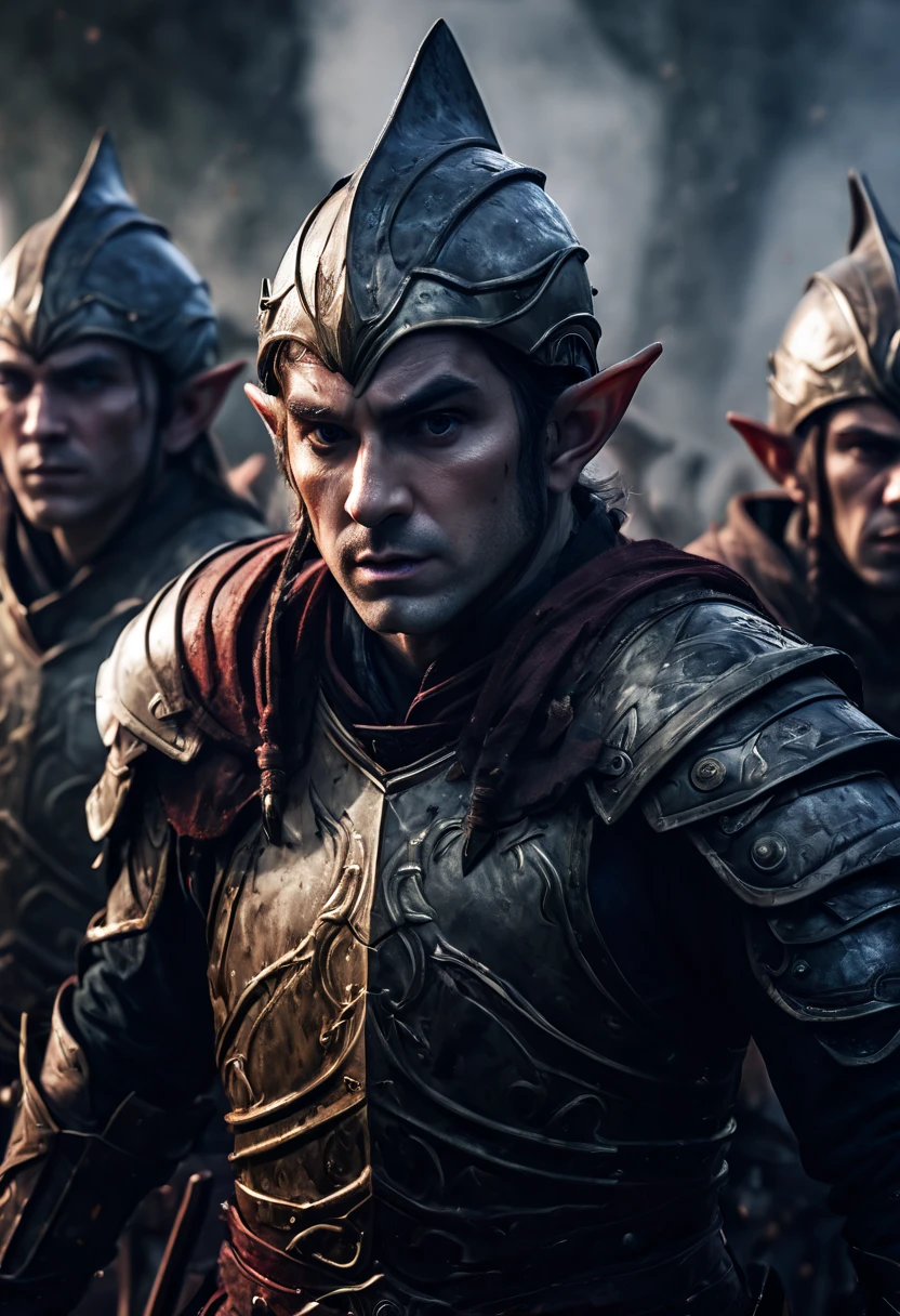 (first person,perspective,detailed,Elf Portraits:1.2,flying over,battlefield,capsuled elfs,ancient warriors,ancient armor,martial arts,misty atmosphere,dramatic lighting,high contrast,warrior in calm,-packed,war cries,weapons calm after battle) three side view, 1 side potrait,2 side close, 3 side in the batlle, face close up, (3 face portraits photo collage) ((close up face))