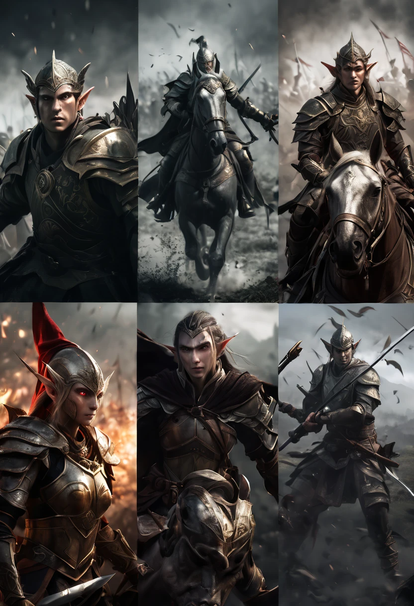 (first person,perspective,detailed,Elf Portraits:1.2,flying over,battlefield,capsuled elfs,ancient warriors,ancient armor,martial arts,misty atmosphere,dramatic lighting,high contrast,warrior in calm,-packed,war cries,weapons calm after battle) three side view, 1 side potrait,2 side close, 3 side in the batlle, face close up, (3 face portraits photo collage) ((close up face))