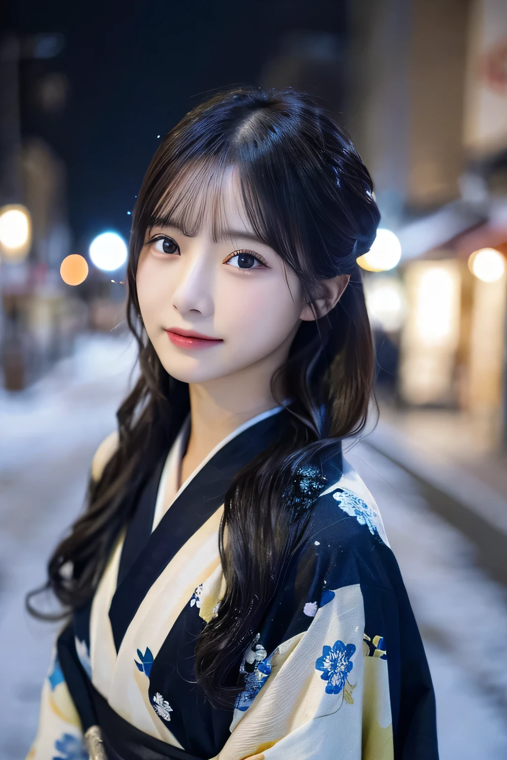 (kimono)、(highest quality,masterpiece:1.3,ultra high resolution,),(Super detailed,caustics),(Photoreal:1.4,RAW shooting,)ultra-realistic capture,very detailed,High resolution 16K resolution perfect for human skin、 natural skin texture、、Skin tone looks even and healthy、 Use natural light and color,one woman,Japanese,,cute,black haired,middle hair,(written boundary depth、chromatic aberration、、wide range of lighting、natural shading、)、(outdoor lights at night:1.4)、(falling snow:1.2)、(hair swaying in the wind:1)、(Light reflected in snow:1.3)