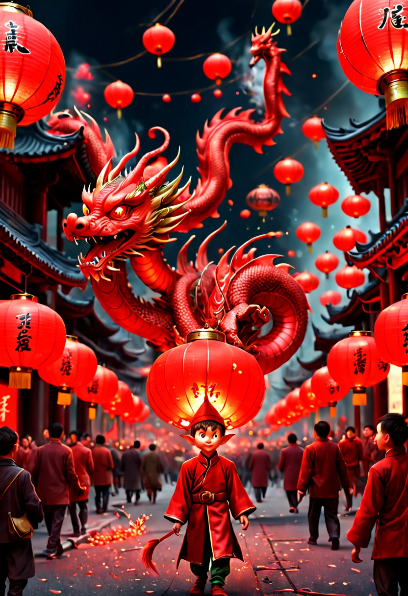 a little Elf carrying Red Lanterns, high-definition art illustration, New Year Eve, fireworks, Red Orient dragon, busy streets, celebrations, octane render, (best quality, masterpiece, Representative work, official art, Professional, 8k:1.3)