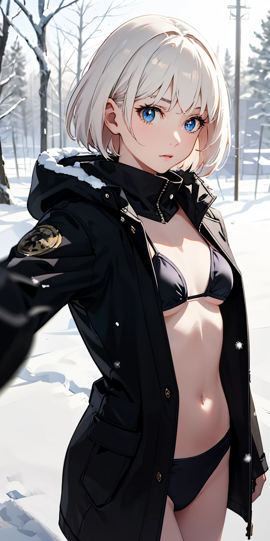 realistic, 1girl, white hair, blue eyes, black bikini, black coat, snow forest, light particles, light rays, wallpaper,