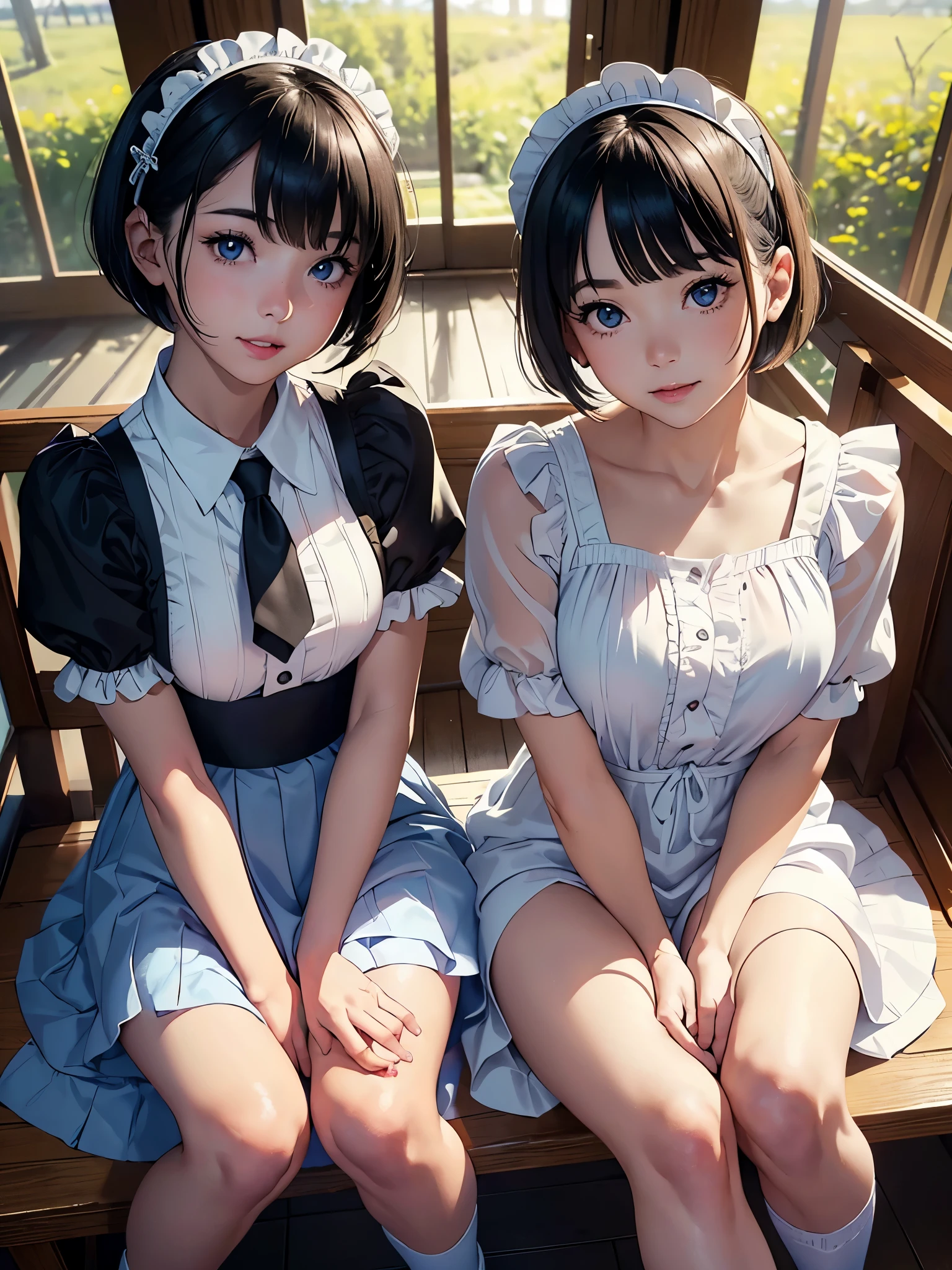 ((SFW、master piece、best quality、muste piece、highest quality、highest level、Highest image quality、1 、English Made、Ruffled headband、short bob cut、ruffle blouse、ribbon tie、apron、Long skirt、puff sleeves、white silk ankle sockrill、black hair、Intense pale blue eyes、strong eye highlights、perfect anatomy、dynamic lighting、lip gloss))、(Raw photo:1.2)、(Photoreal:1.4)、((Almost never look up、Look firmly at the camera、Take a photo from a little above with the camera))、Beautiful face with perfect symmetry、beautiful detailed woman、very detailedな目と顔、beautiful detailed eyes、smile at the audience、laughing very happily、Very smiling、beautiful teeth、beautiful teeth、Super detailed、very detailed、light on the face、((dynamic pose))、(camel toe)、(half)、(sitting with bent knees)、short hair、crossed bangs、asymmetrical bangs、short bob cut、stick out ears、eyelashes、cute haddo fade、Shadow Fade:0.9、A little natural light coming in from the front、A little natural light coming in from both sides、Autumn nature background in the daytime:1.2、The face brightens a little